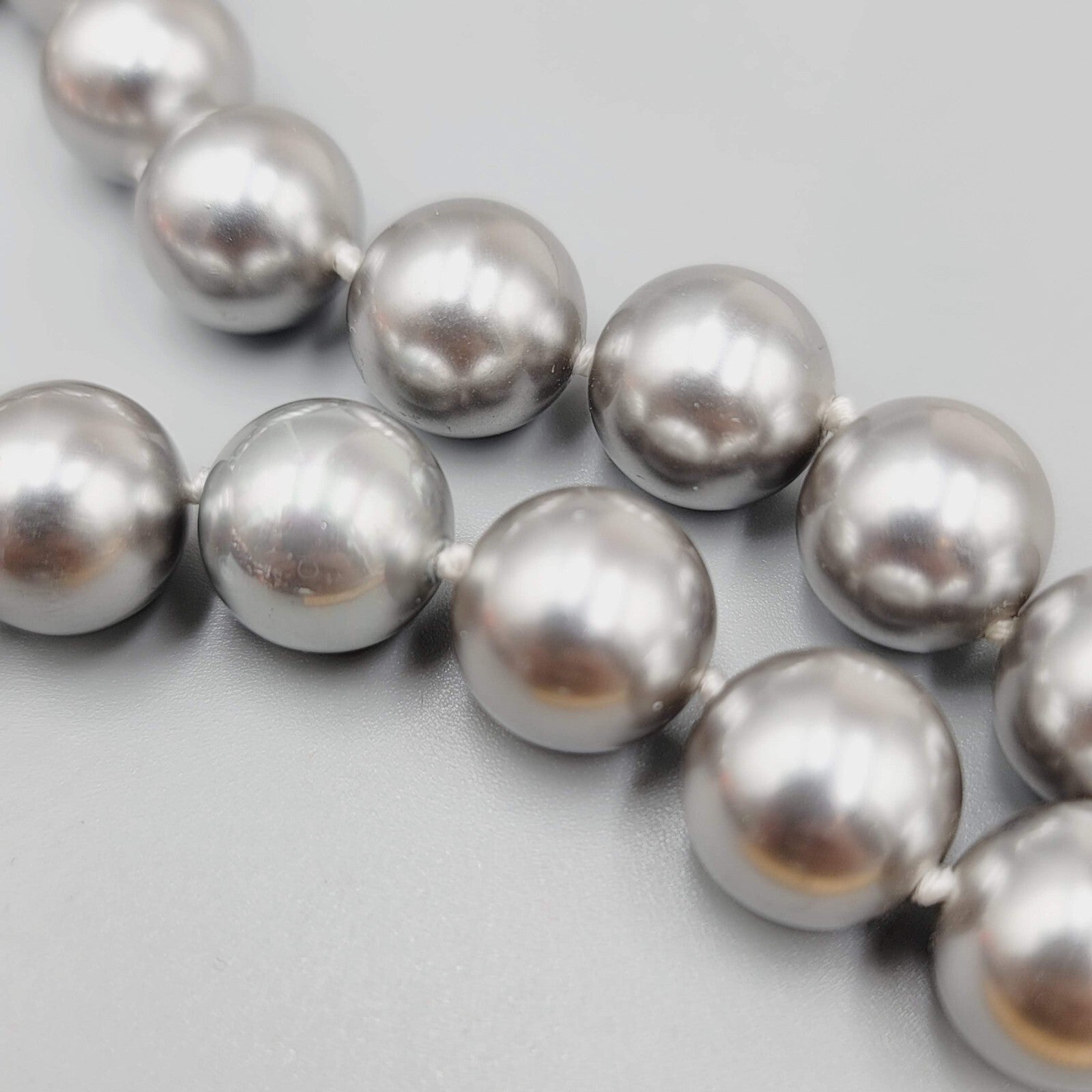 Silver tone Gray Bead Hand Knotted Necklace 12mm Bead 16" Long 