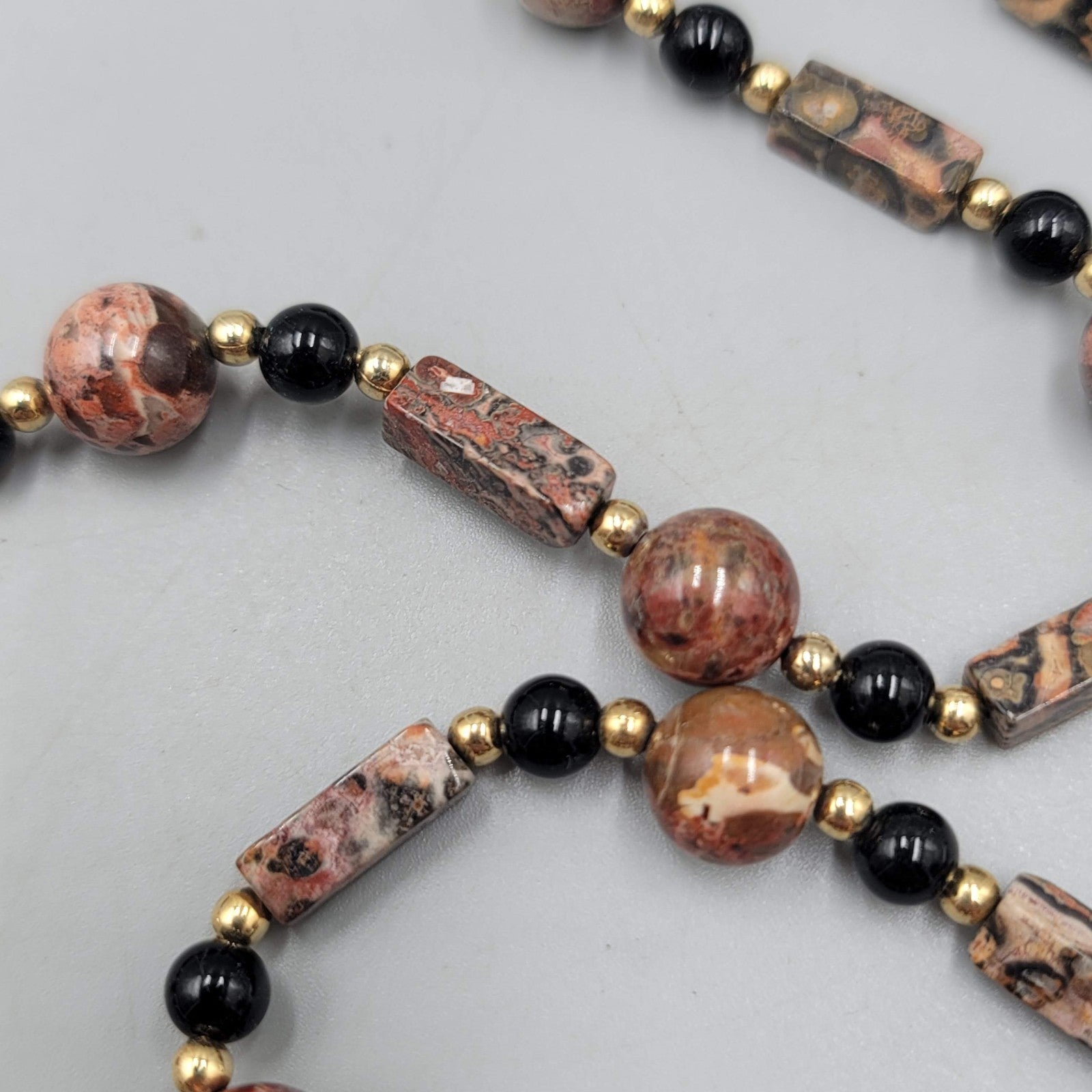 Leopard Skin Jasper Stone Bead Necklace Gold tone 30 in