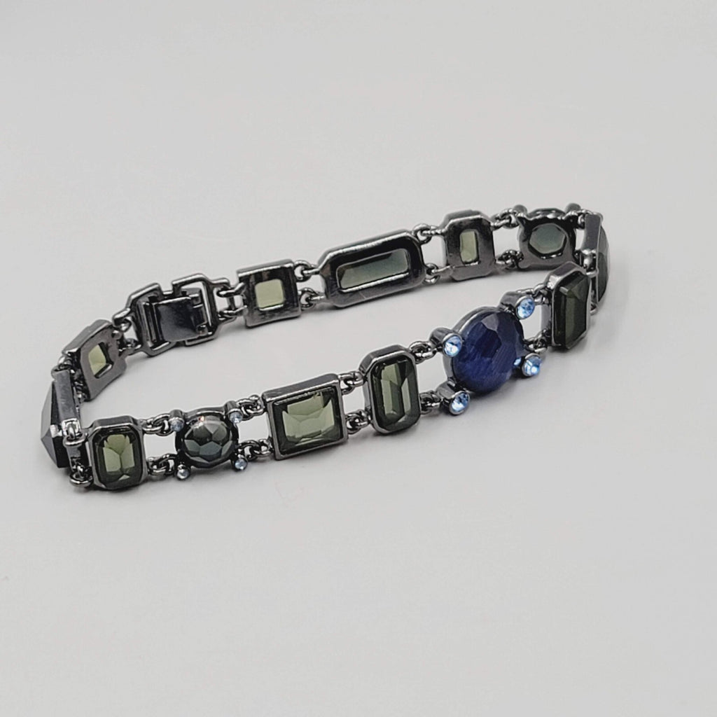 Black Metal Bracelet Dark Green Blue Rhinestones 7.25"