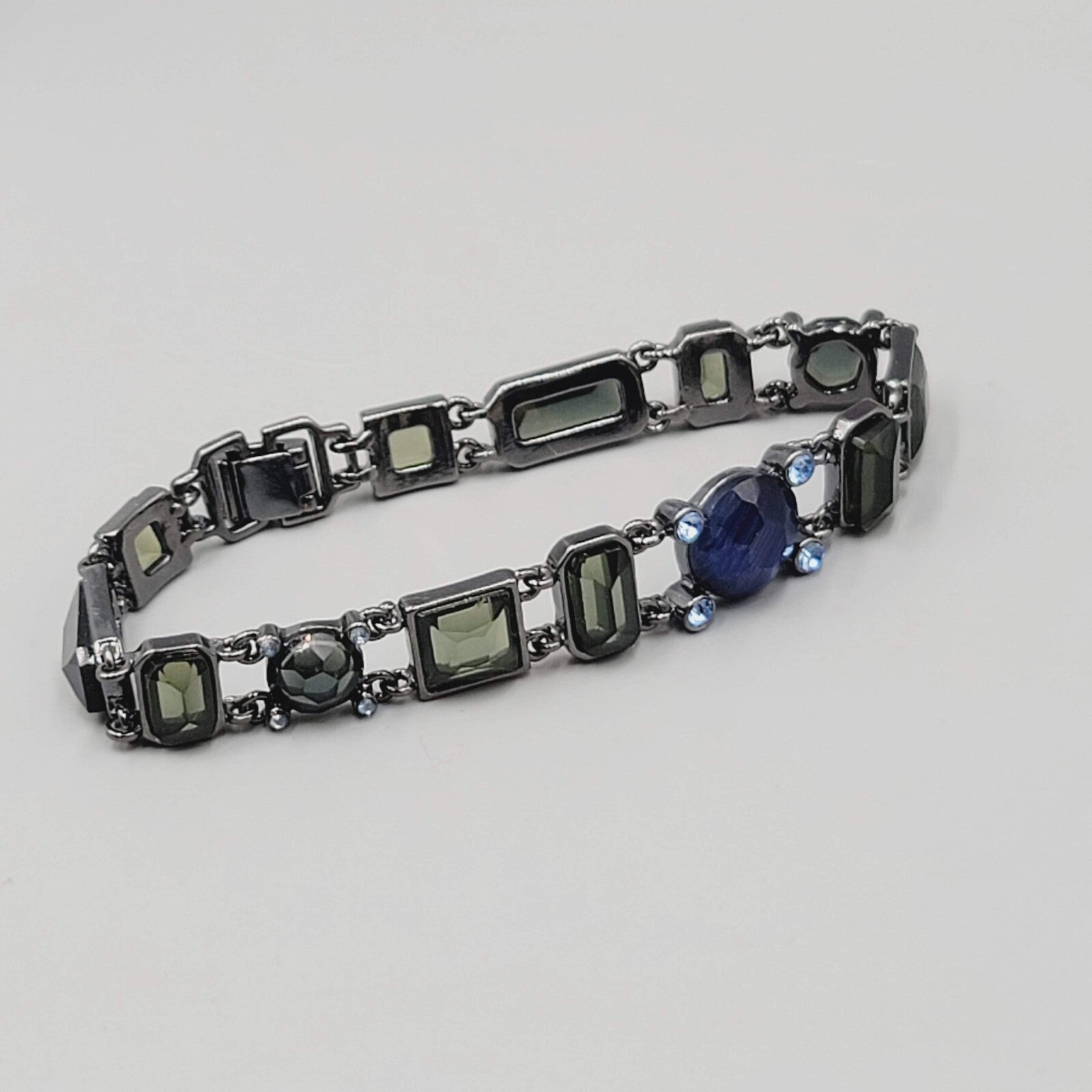 Black Metal Bracelet Dark Green Blue Rhinestones 7.25"