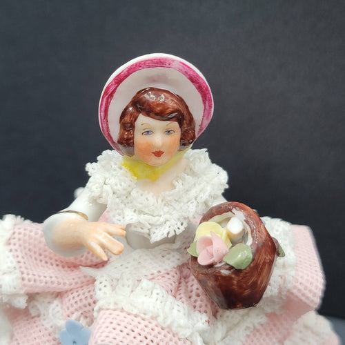 Dresden Porcelain Lace Lady in Bonnet Figurine Flowers 4 in