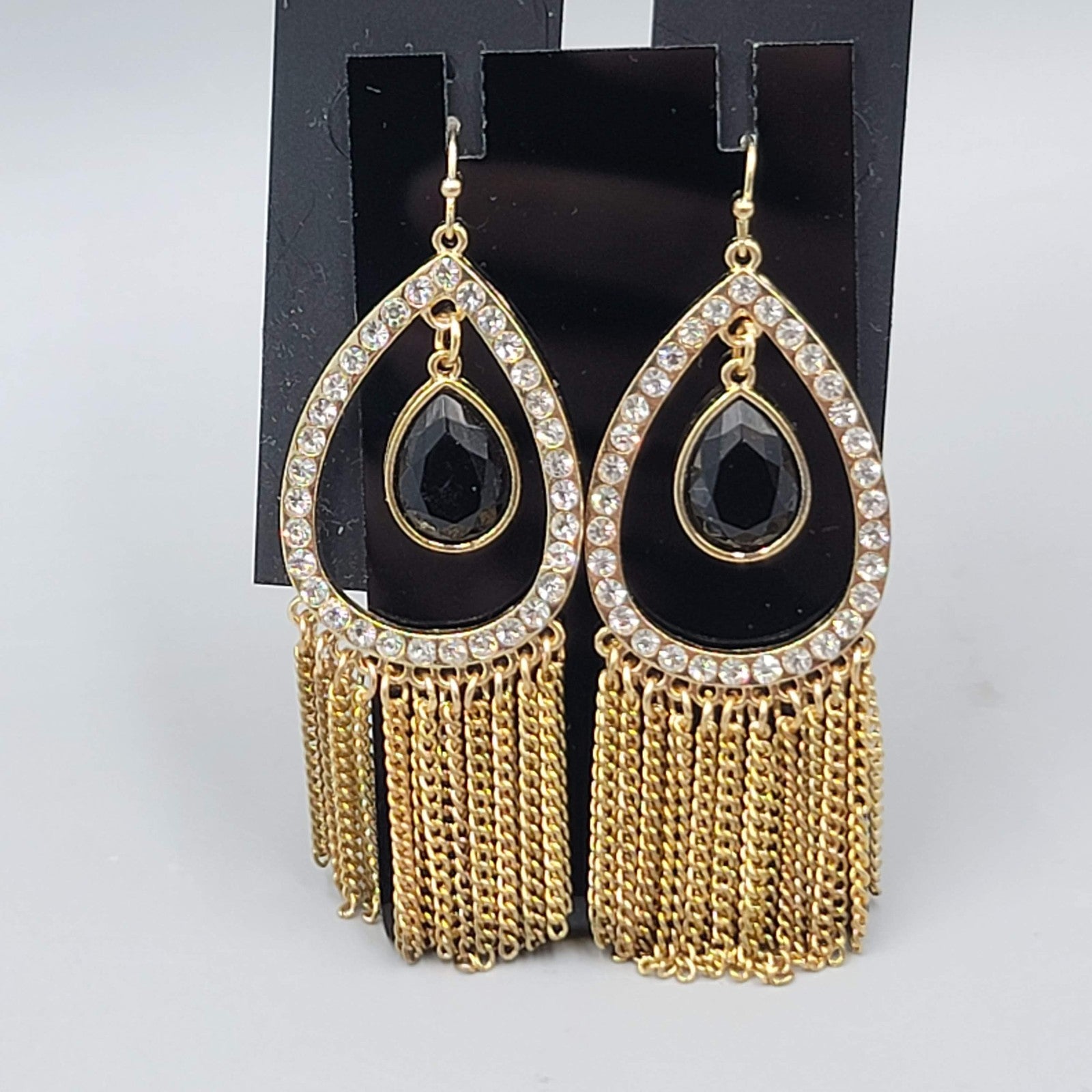 Thalia Sodi Fringe Pierced Earrings Black Teardrop Gold tone Dangle NWT 2.5"