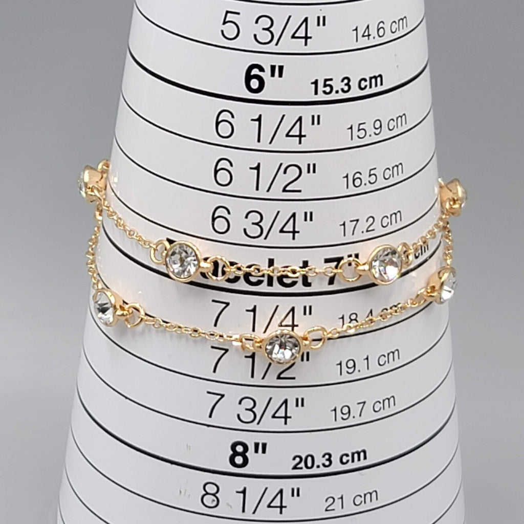 Double Chain Station Rhinestone Bracelet Gold tone 7"-8.75" Adj