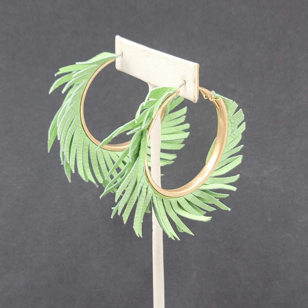 Pierced Earrings Green Fringe Gold tone Hoops Dangle