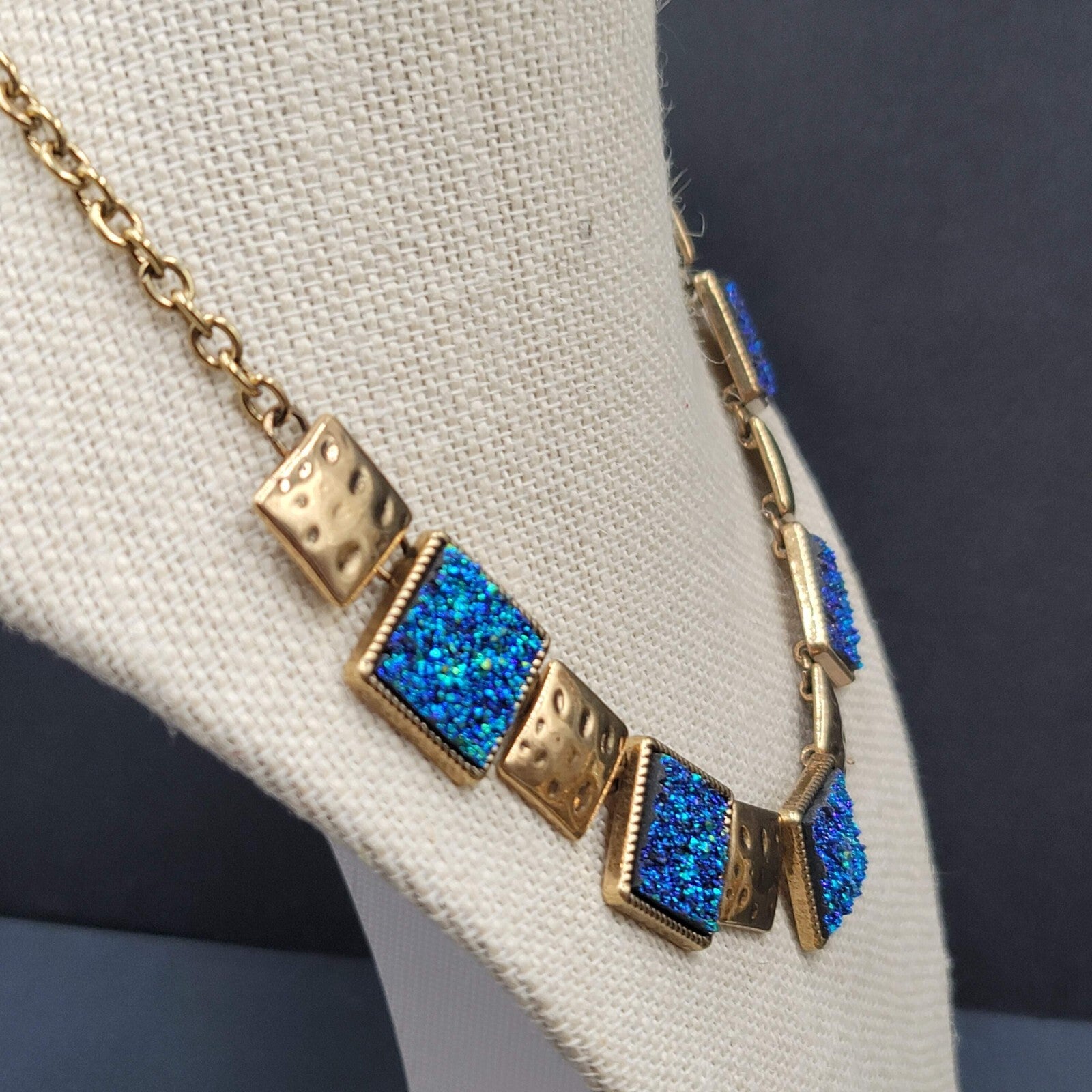 Blue Druzy Necklace Pierced Earrings Jewelry Set Glitter Gold tone 17"-20"