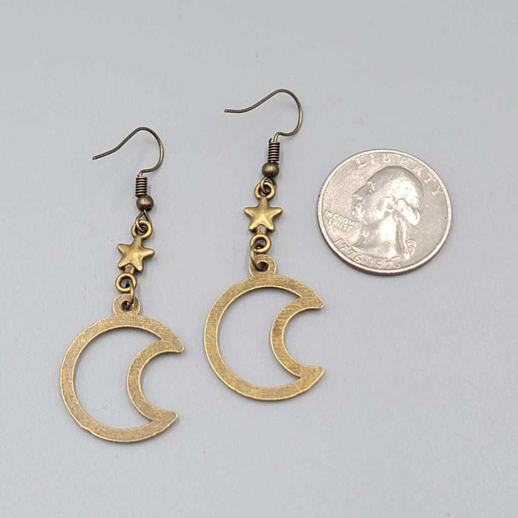 Star and Moon Pierced Earrings Bronze tone Dangle 1.5" New