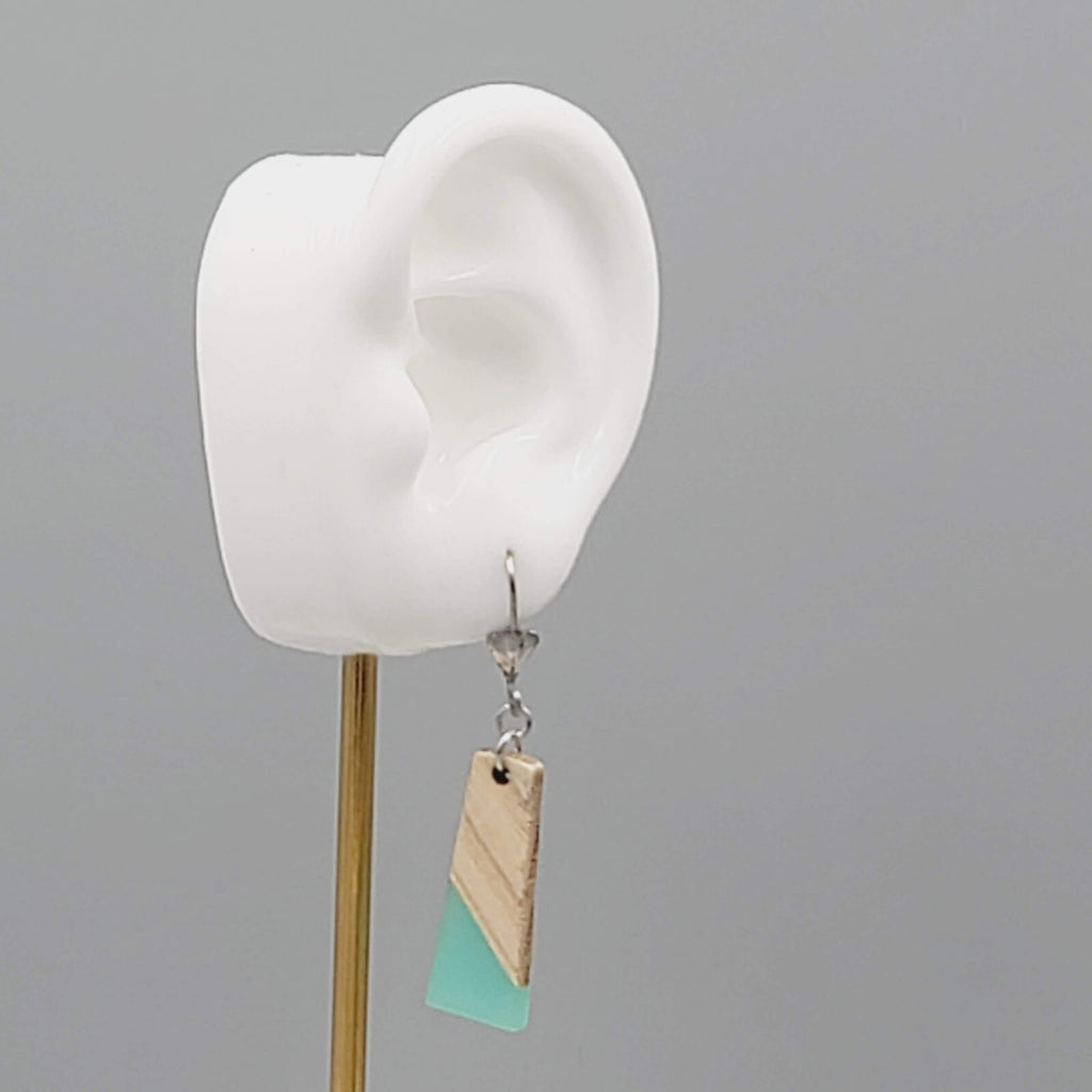 Wood Teal Resin Pierced Earrings Silver tone Dangle 1.25"