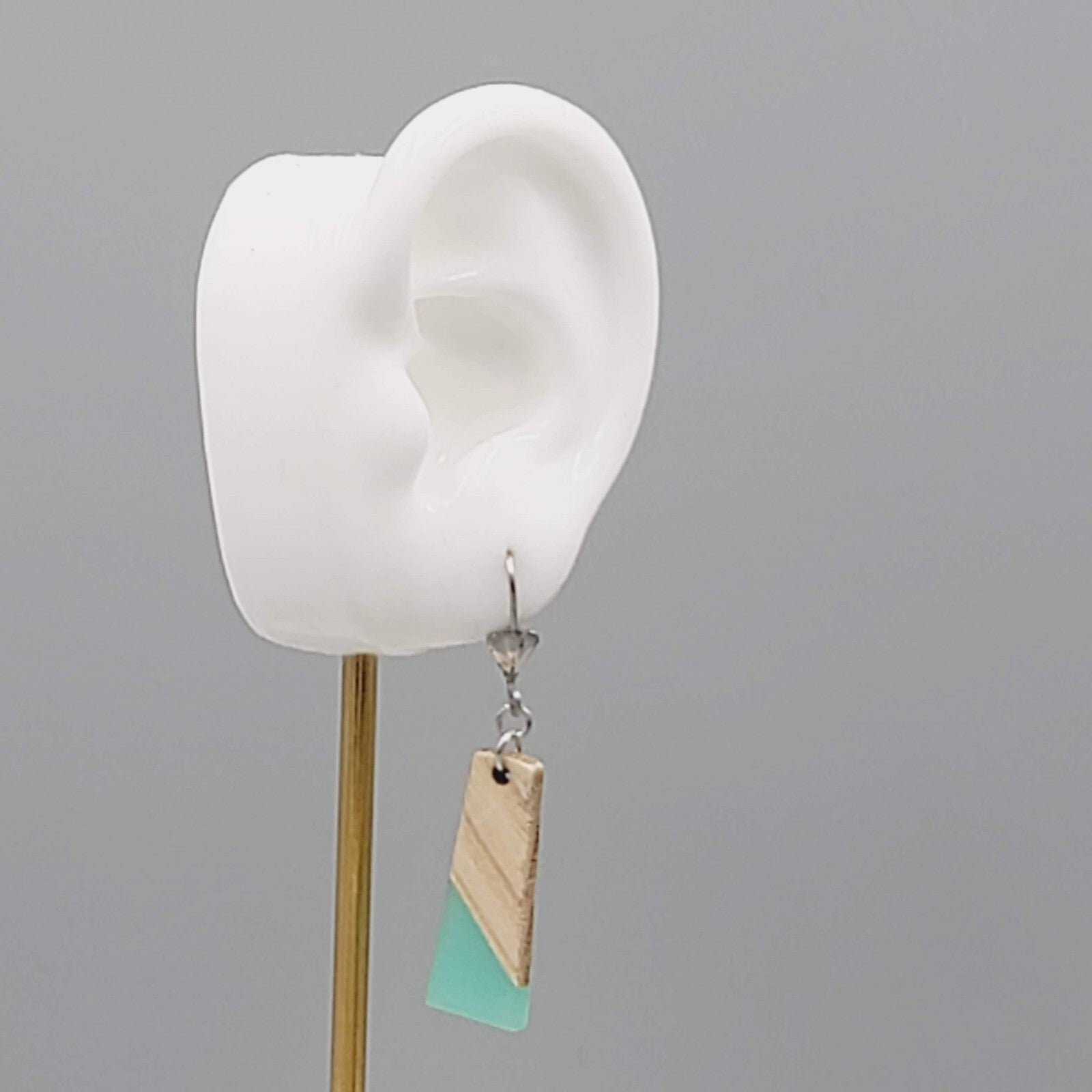 Wood Teal Resin Pierced Earrings Silver tone Dangle 1.25"