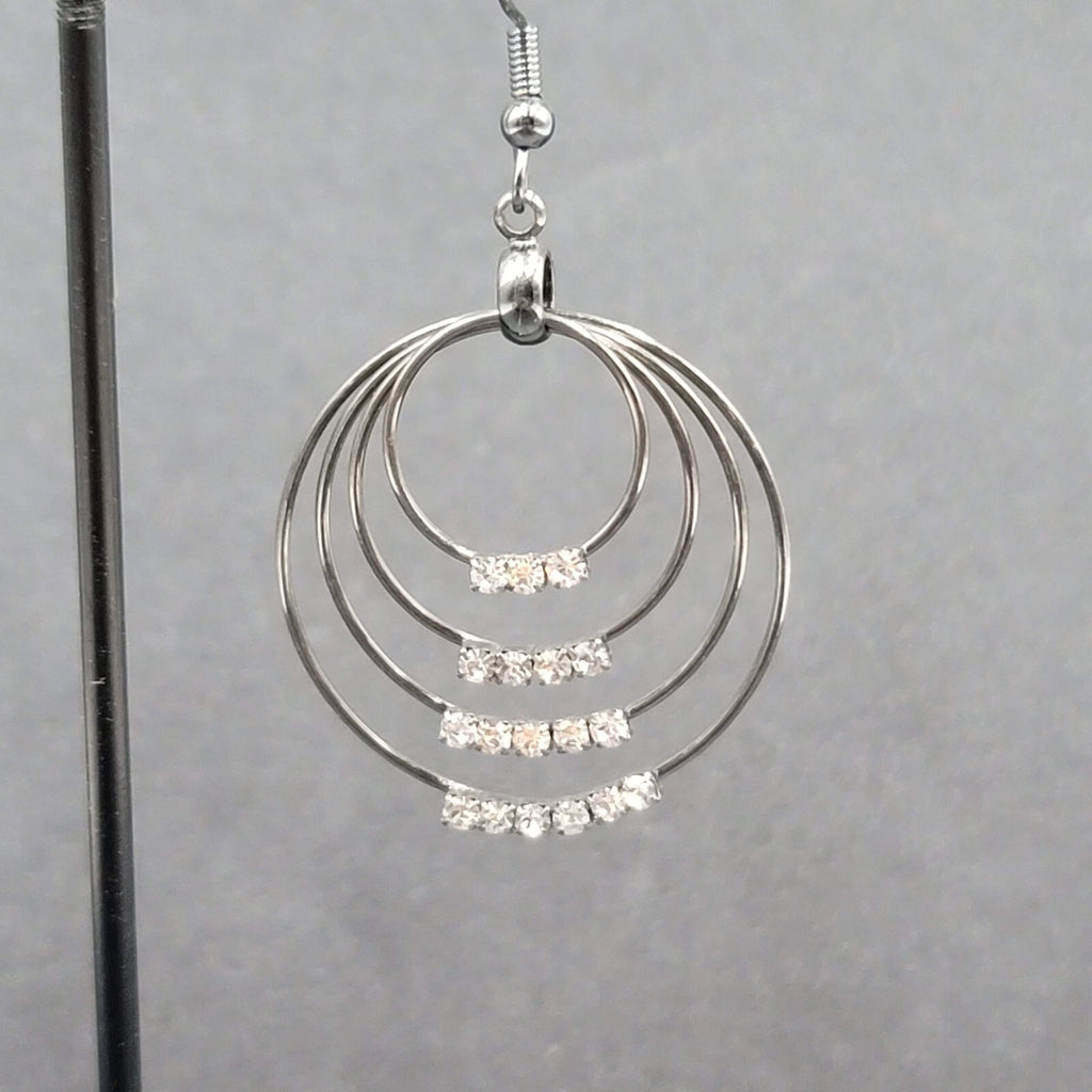 Pierced Earrings Black Metal Crystal Layered Hoops Dangle 1.75"
