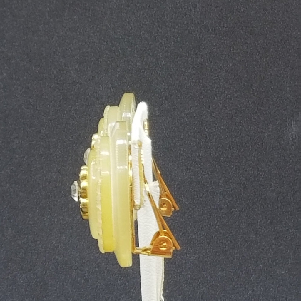 Clip on Earrings Gold tone Crystal Dome Acrylic Button Style Drop Stud 1 3/8" B
