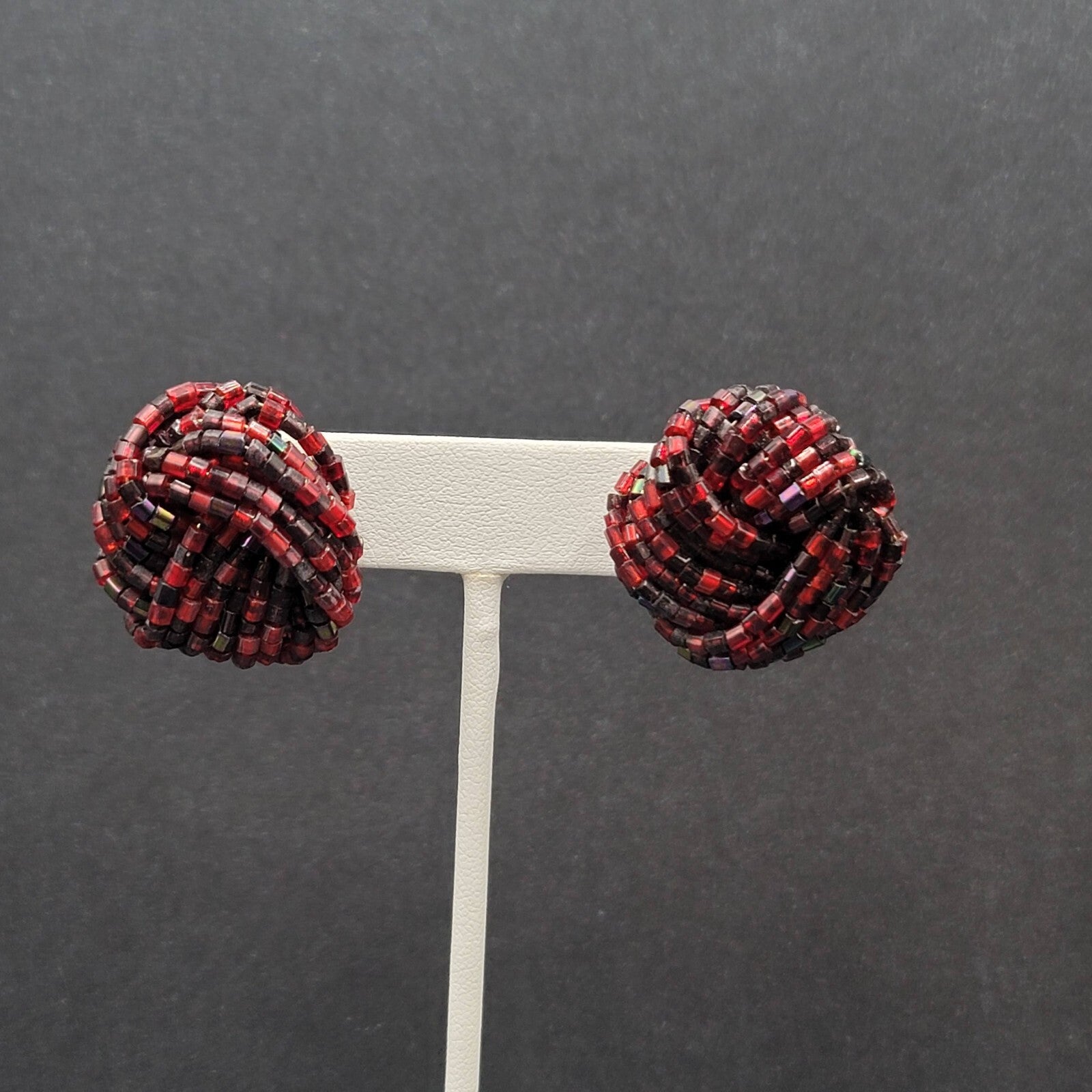 Vintage Pierced Earrings Red Black Seed Bead Cluster Knot 1"