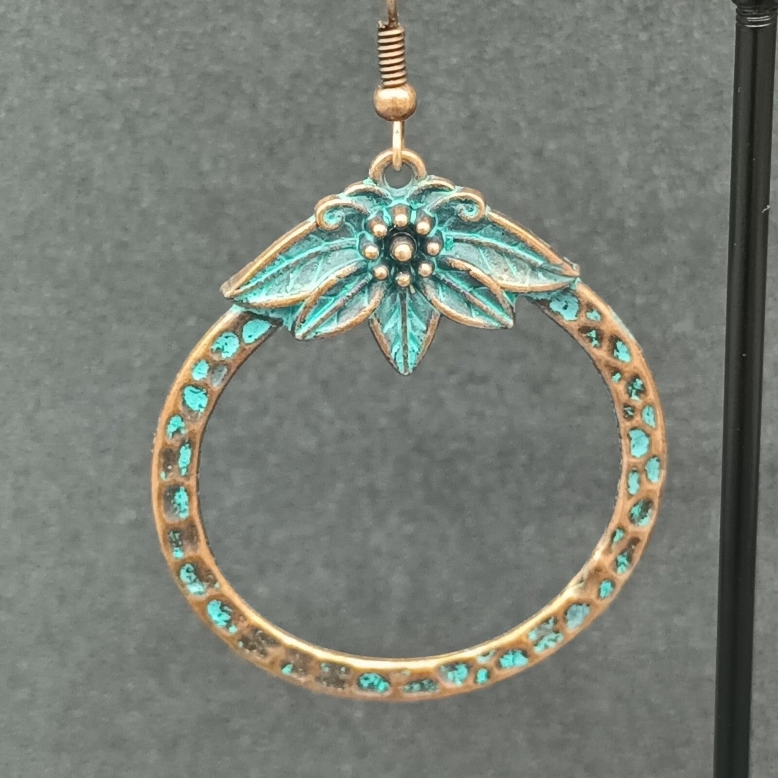 Pierced Earrings Copper tone Green Enamel Flower Open Disc Dangle Boho 1 5/8"
