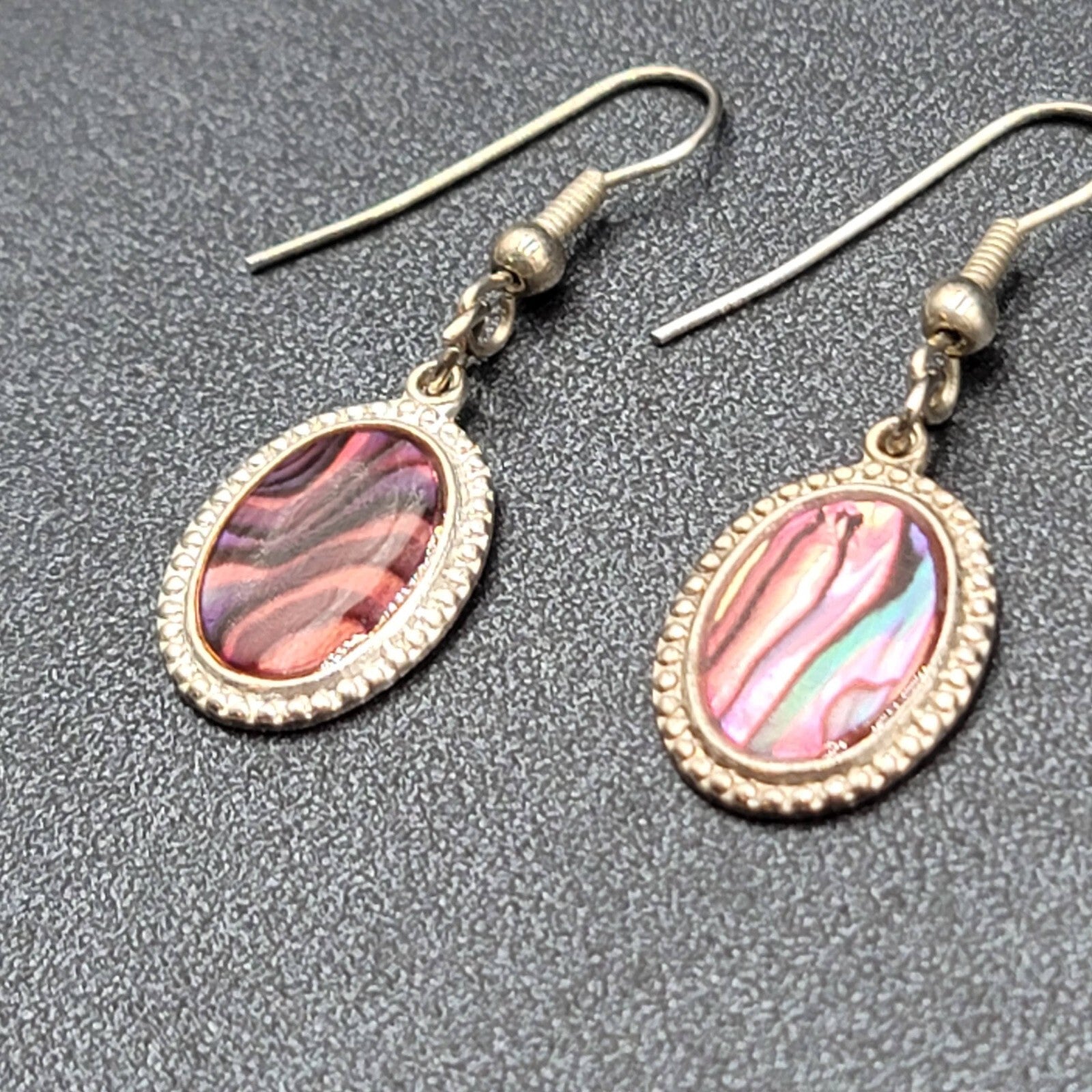 Vintage Pierced Earrings Silver tone Oval Faux Abalone Dangle 3/4"