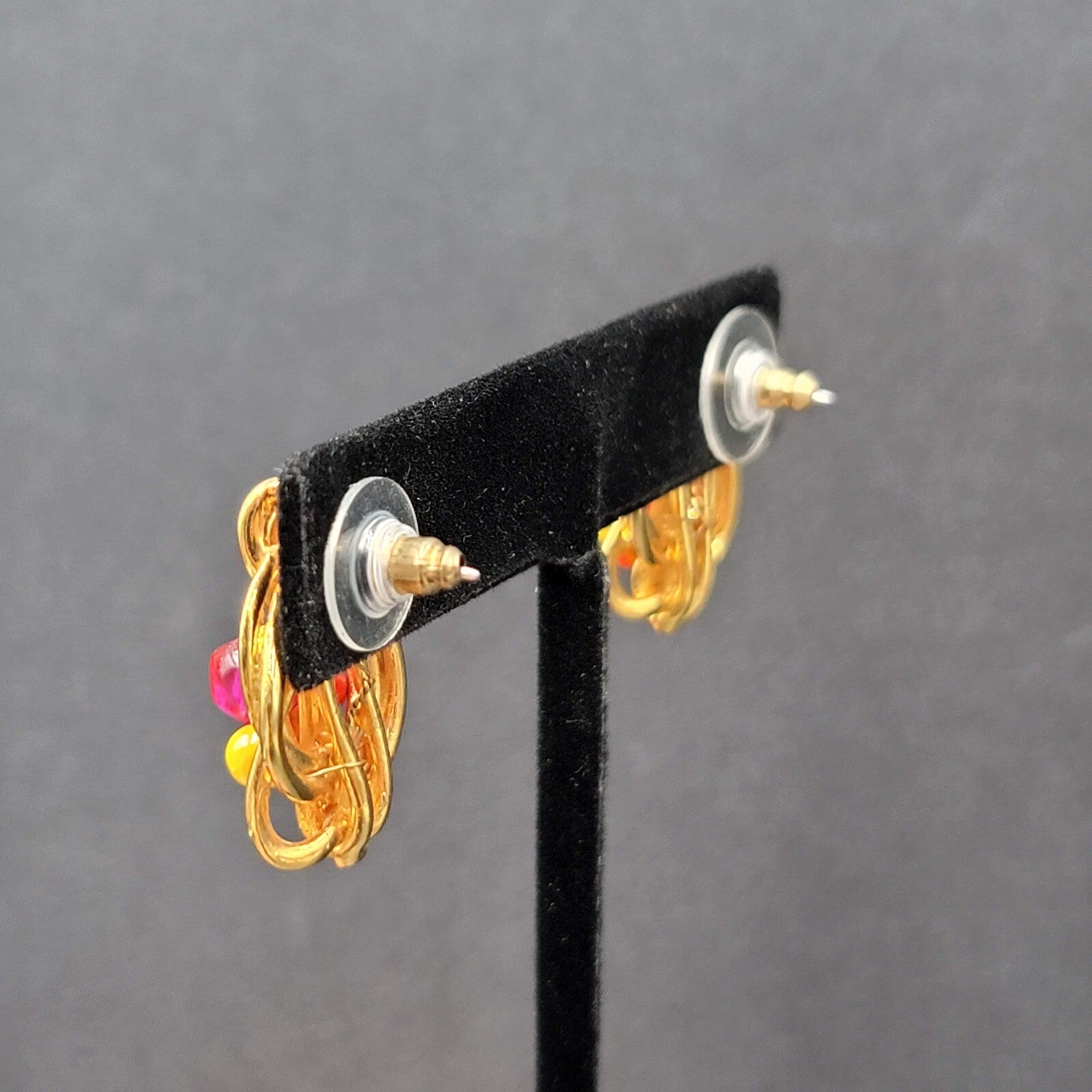 Pierced Earrings Gold Plated Pink Yellow Beaded Artistic Drop 1"