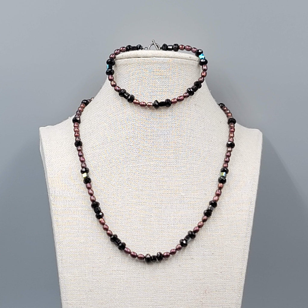 Sterling Silver Bracelet And Necklace Genuine Brown Pearls Black Crystal Beads