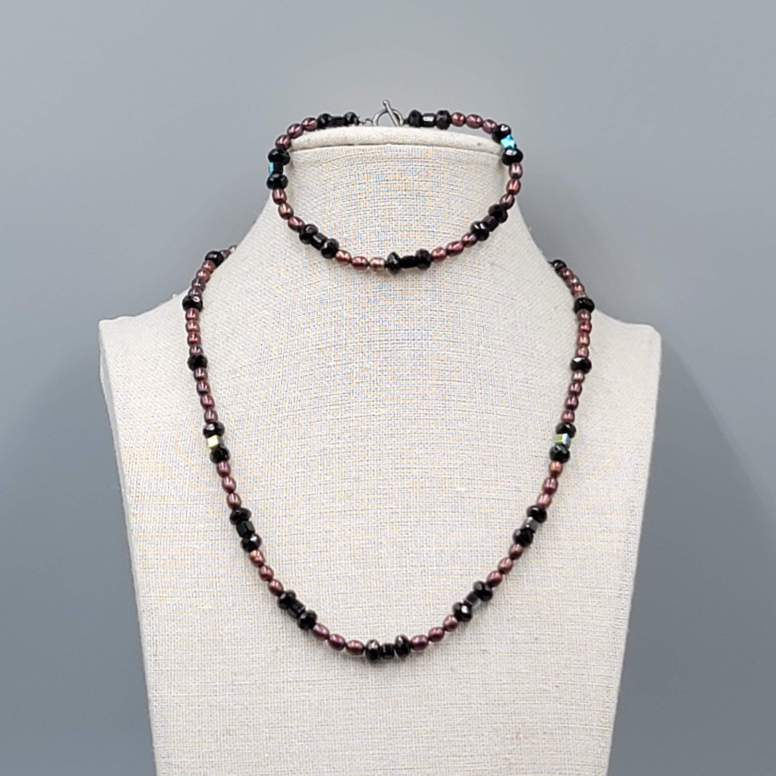 Sterling Silver Bracelet And Necklace Genuine Brown Pearls Black Crystal Beads
