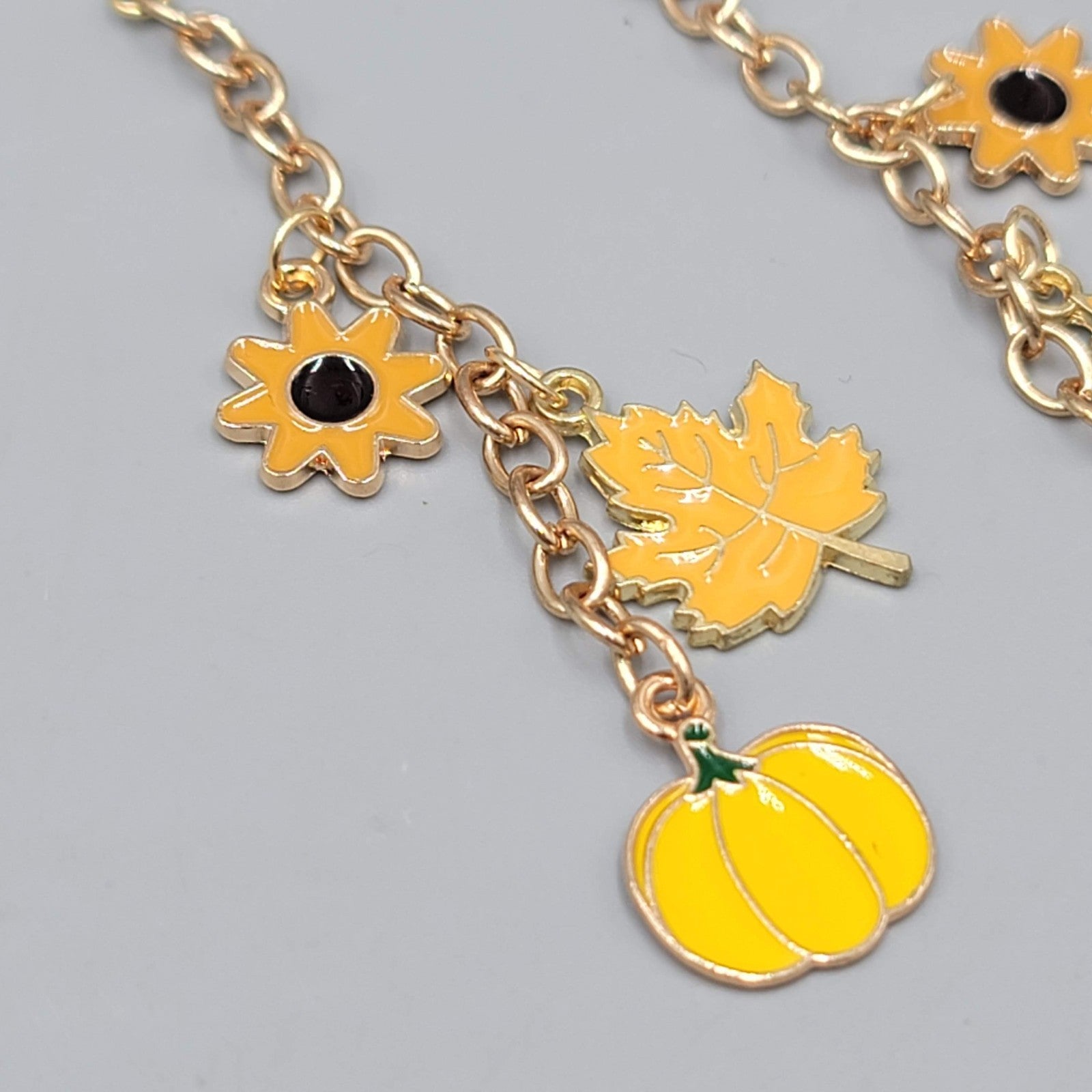 Autumn Fall Theme Pierced Earrings Flower Pumpkin Leaf Gold tone Dangle 2.75 in