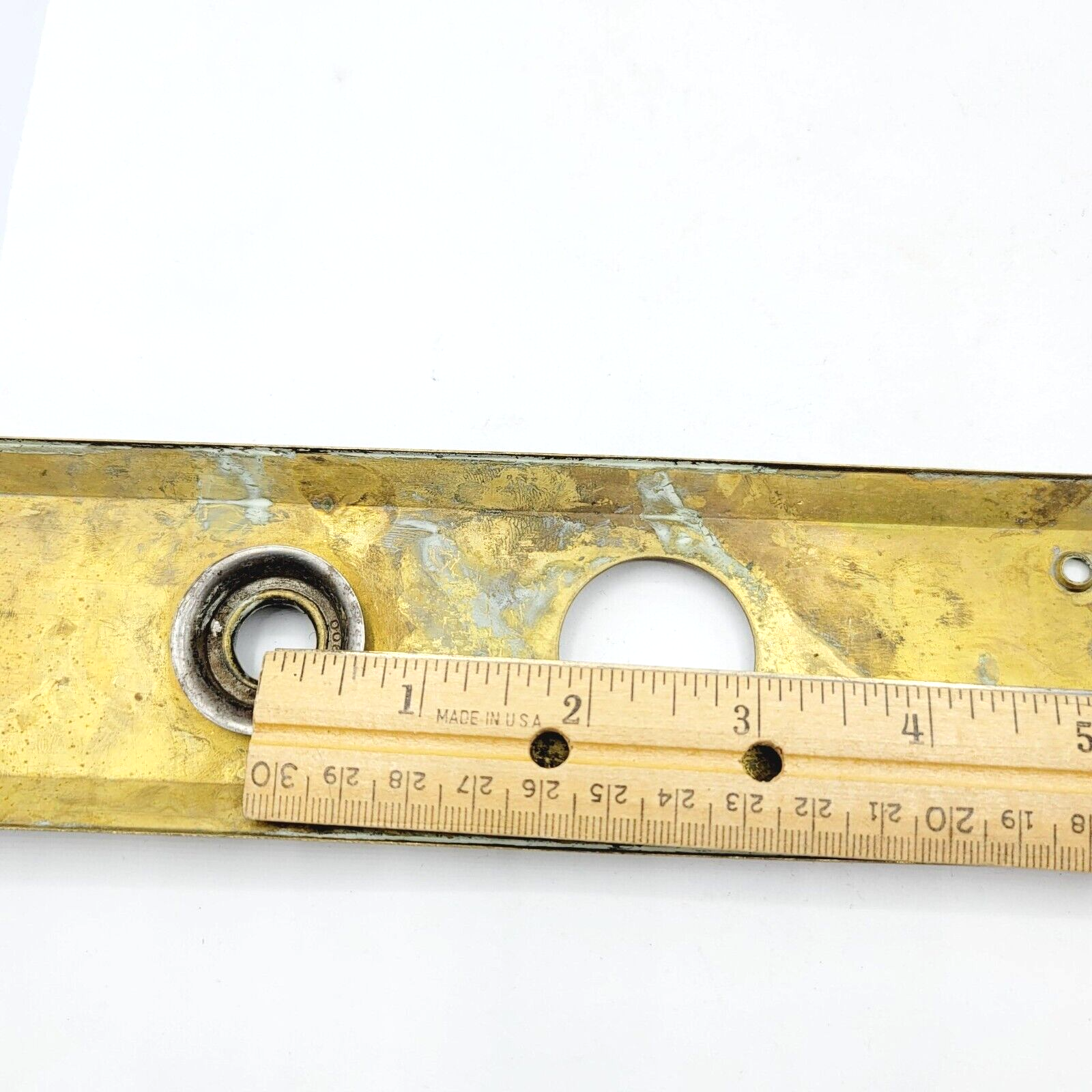 Vintage Brass Doorknob Back Plate Dead Bolt Salvage 9" x 2 1/2" holes 2 1/2"