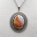 Vintage Large Pendant Necklace Silver tone Agate Oval Center 23" Chain