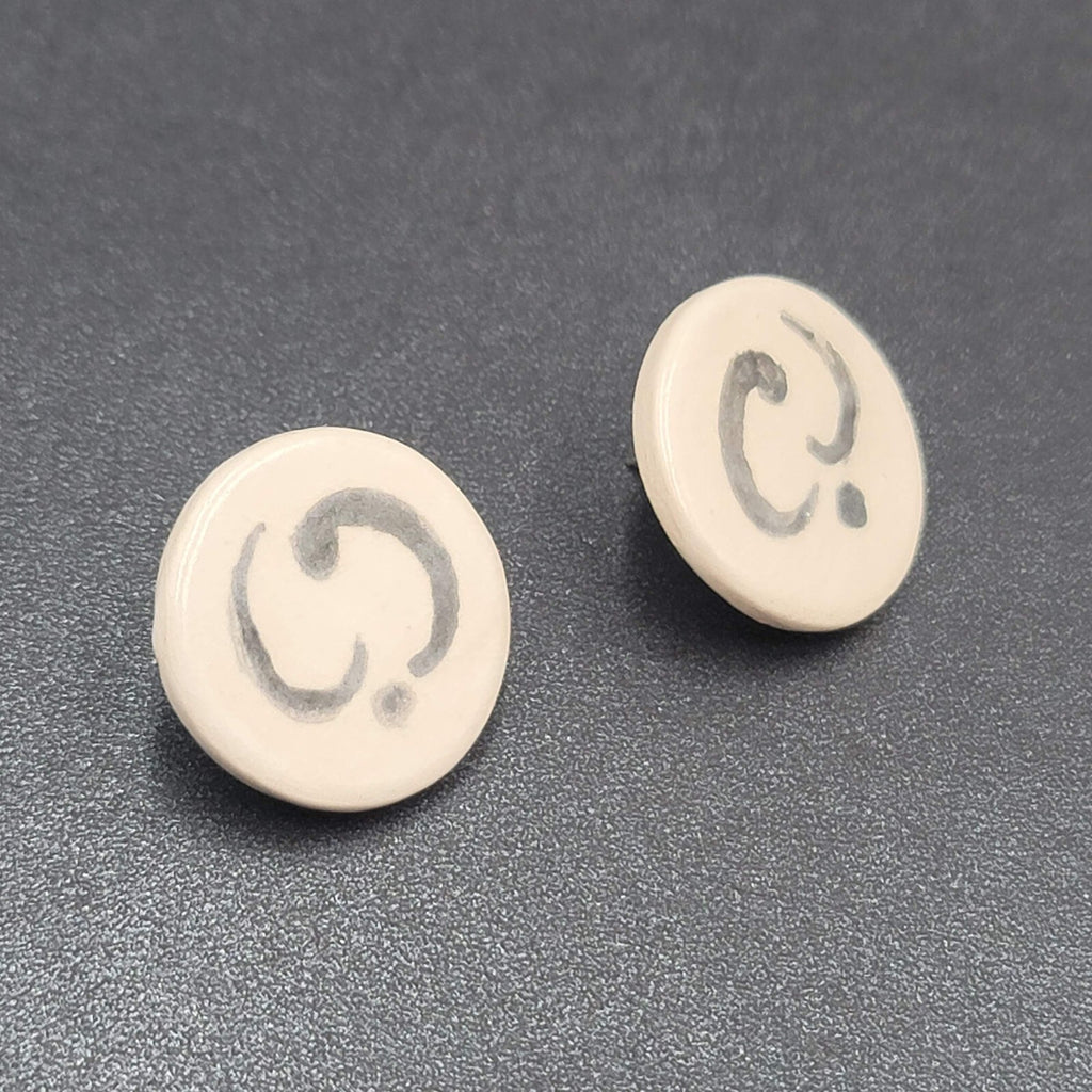 Vintage Pierced Earrings White Clay Hand Painted Black Accent Drop 1"