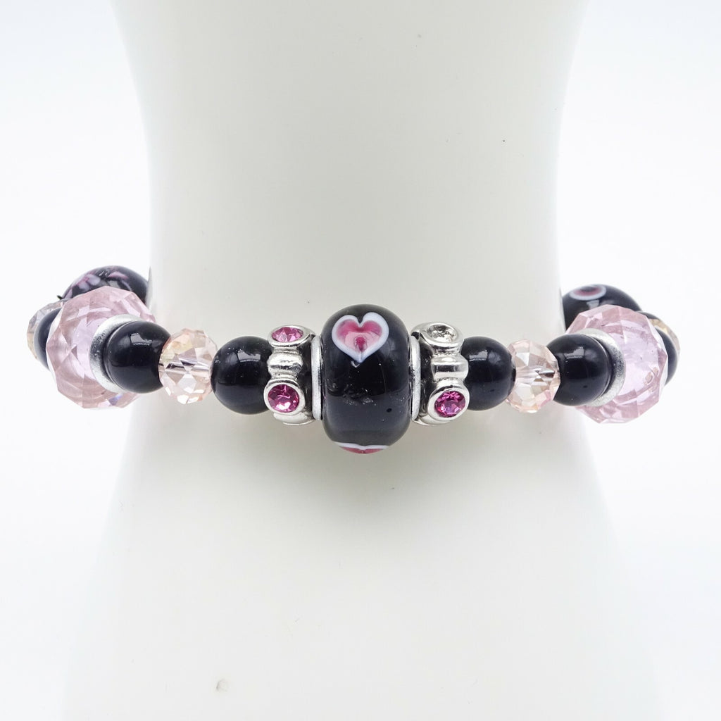 Pink Black Bead Slide Bracelet Silver tone Estate Costume 7.75"