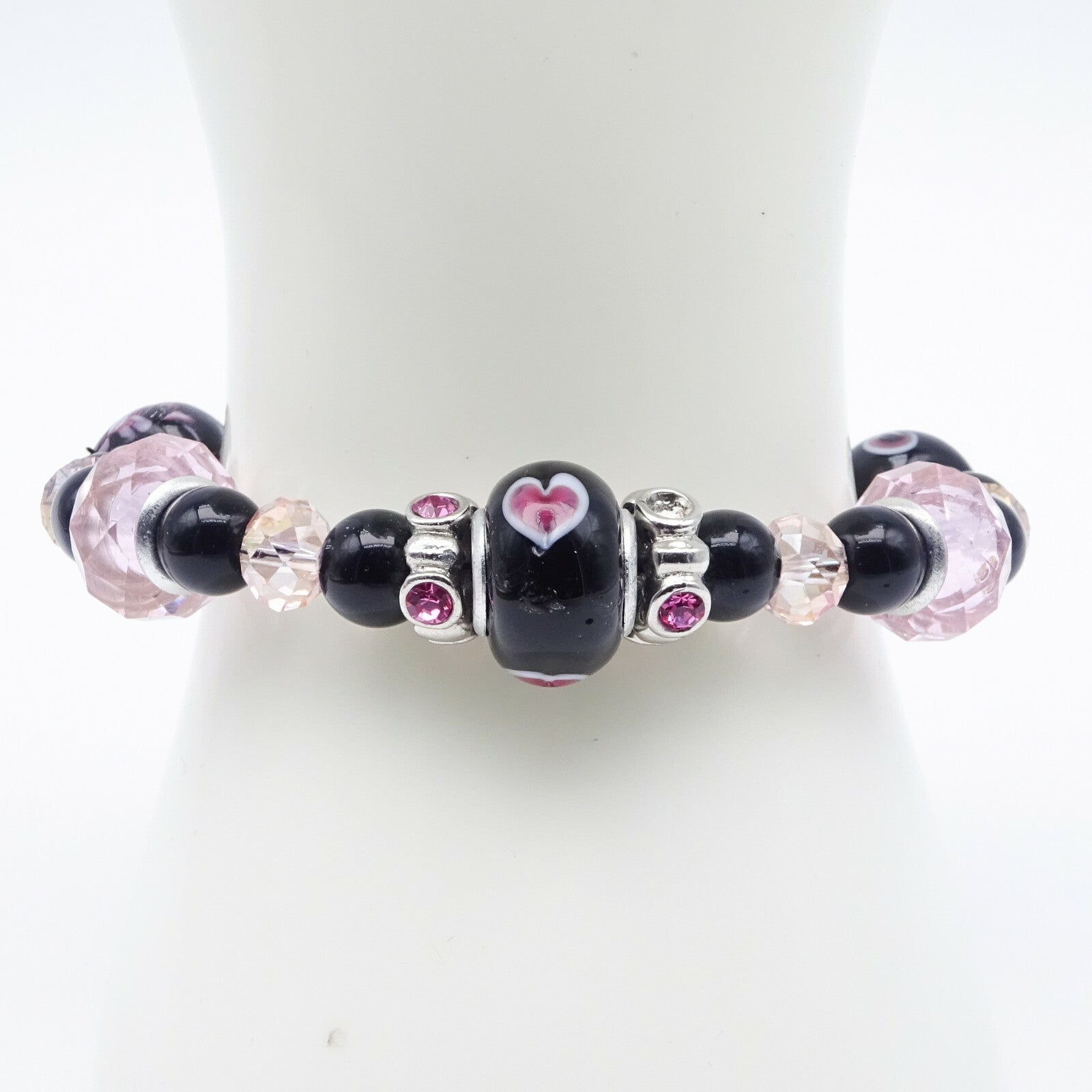 Pink Black Bead Slide Bracelet Silver tone Estate Costume 7.75"