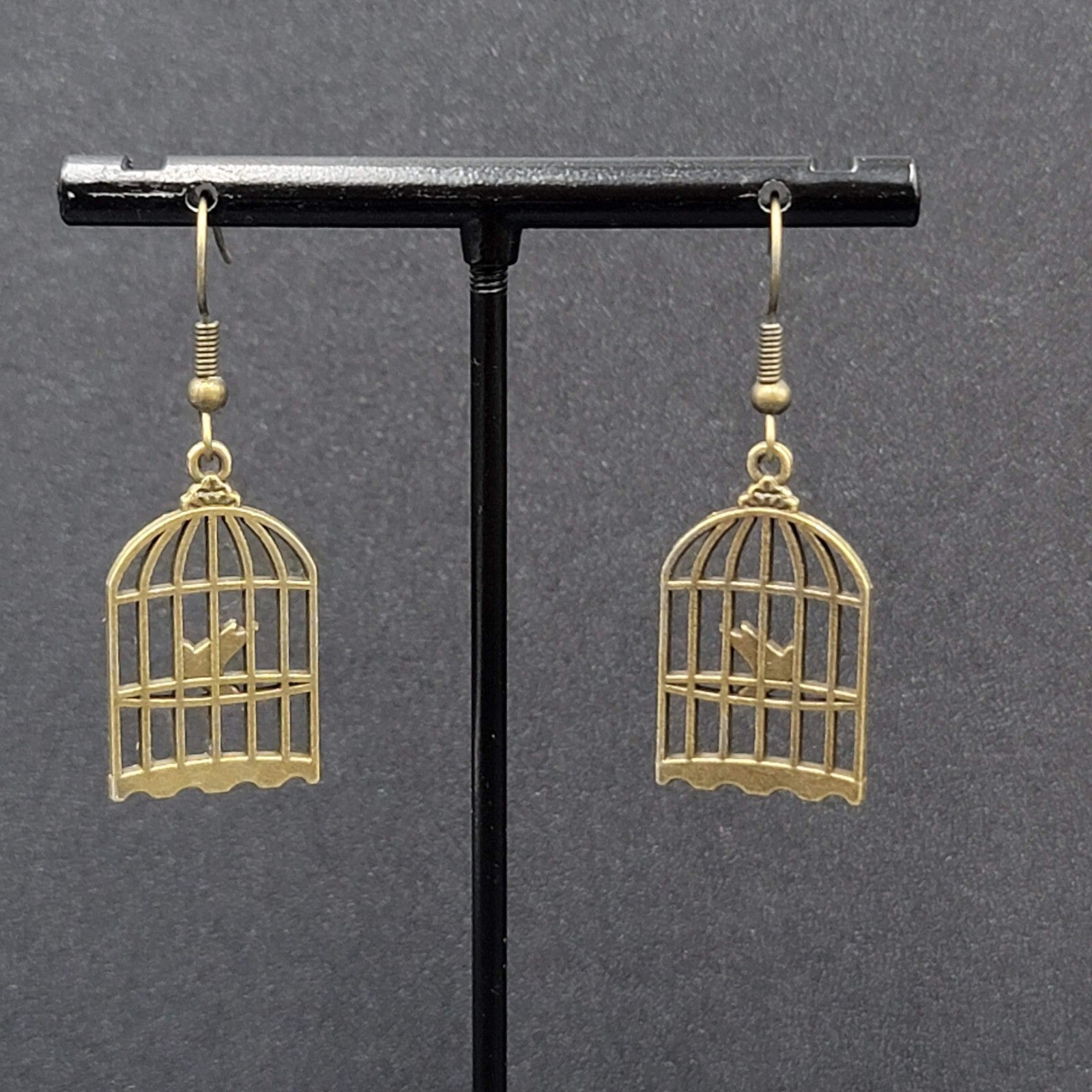 New Bird in the Cage Pierced Earrings Bronze tone Dangle 1"
