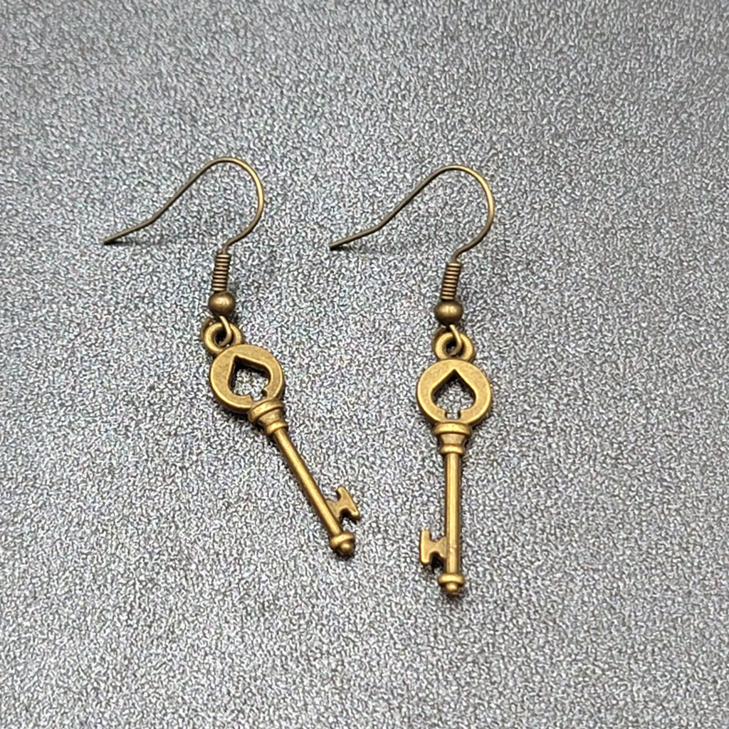 New Pierced Earrings Spade Skeleton Key Bronze tone Dangle 1 1/8"