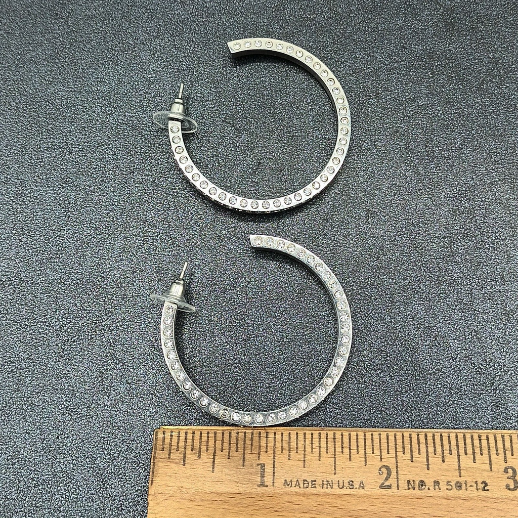Pierced Earrings Silver tone Rhinestone Studded Statement Hoop 1 5/8"
