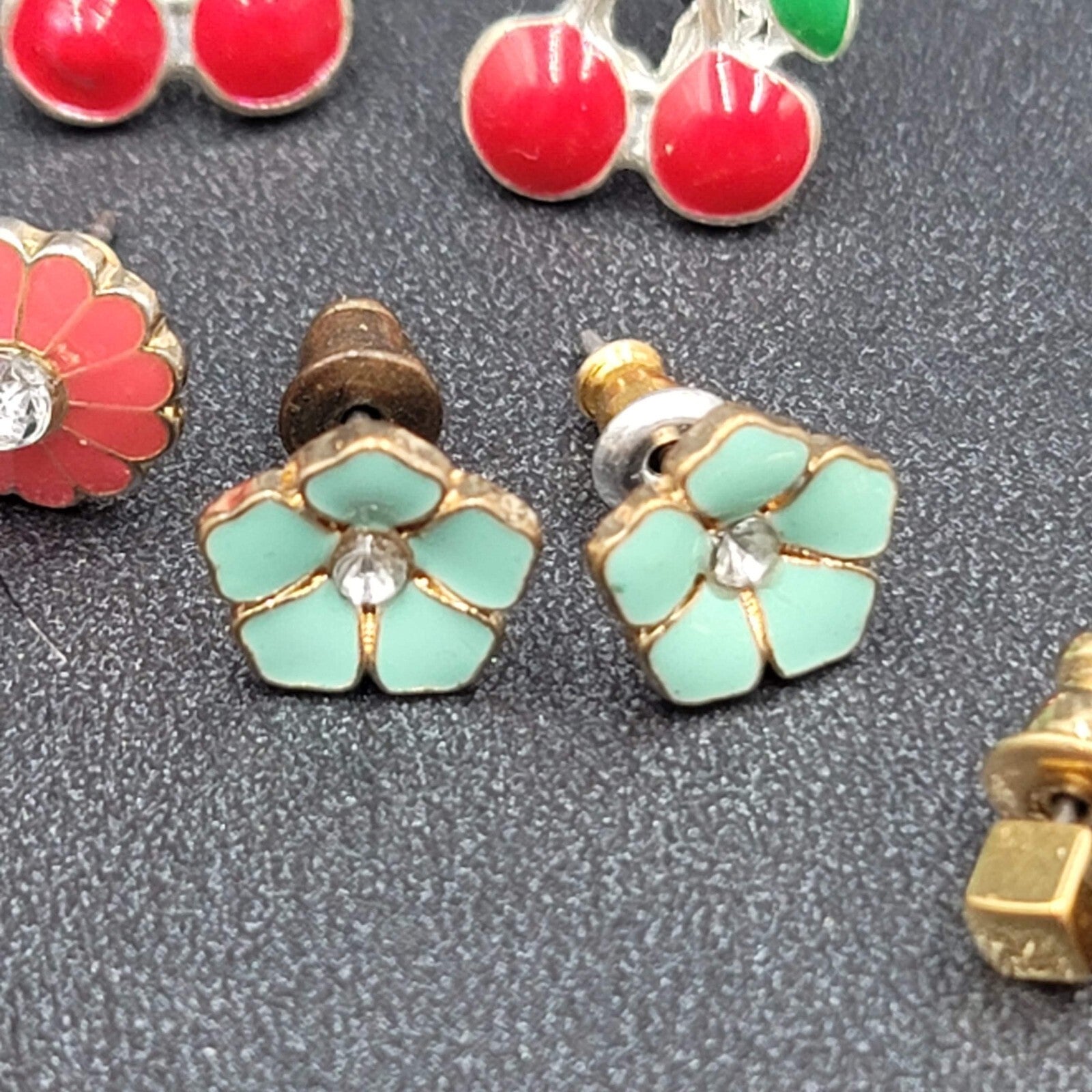 Lot of 5 Pierced Earrings Studs Cherrys Enamel Flowers Rhinestone Gold tone