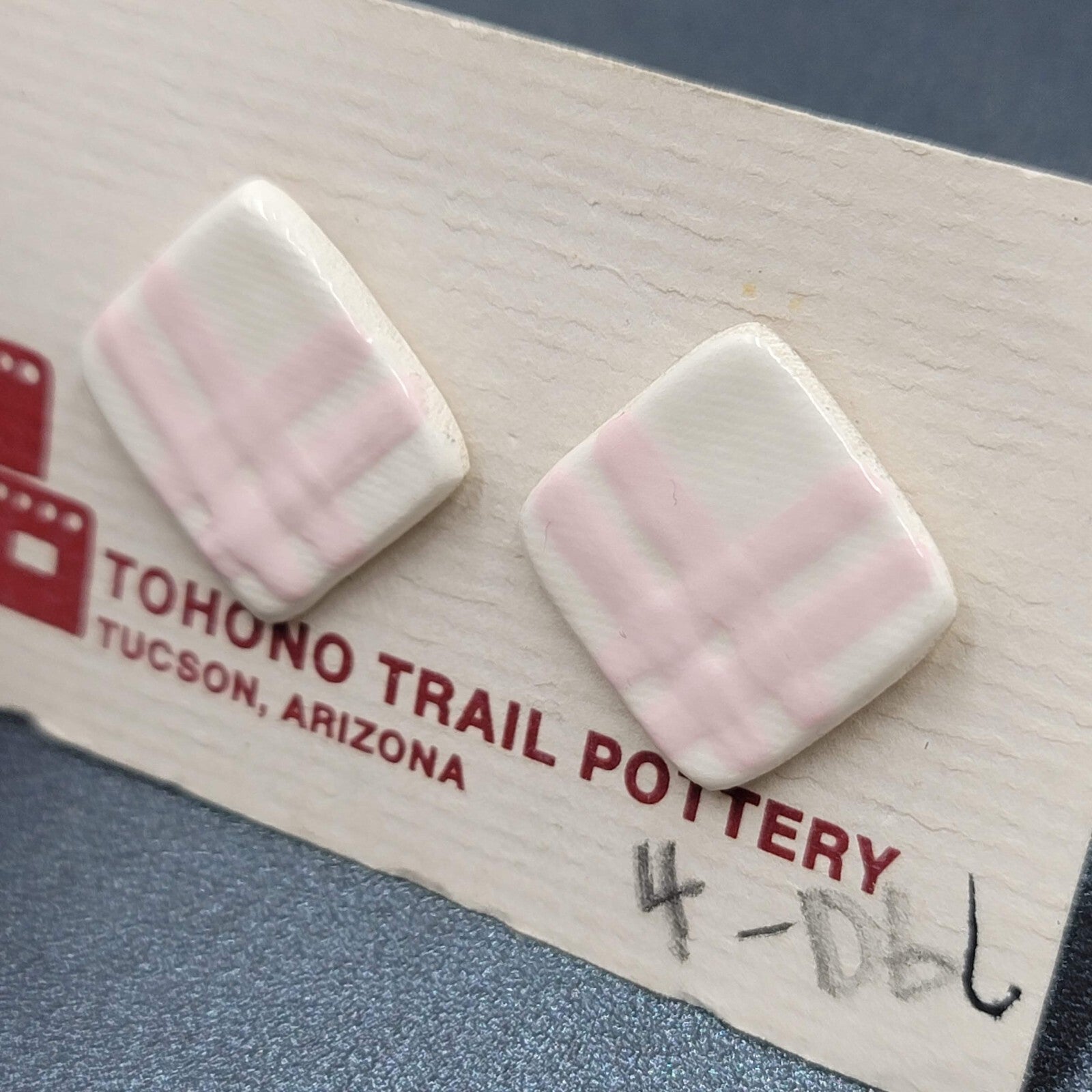 Vintage Tohono Trail Pottery Pierced Earrings Pink White Squares 1"