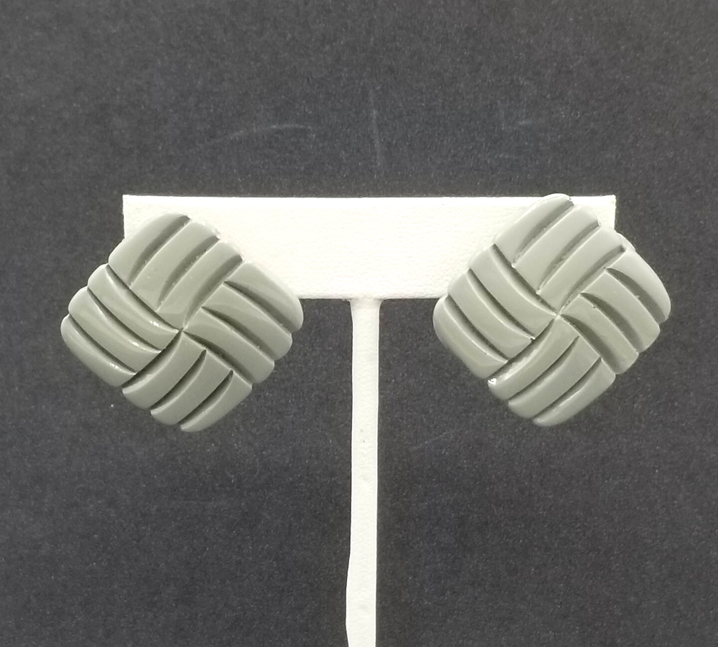 Vintage 1980's Pierced Earrings Gray Acrylic Square Geometric Drop Stud 1 1/4"