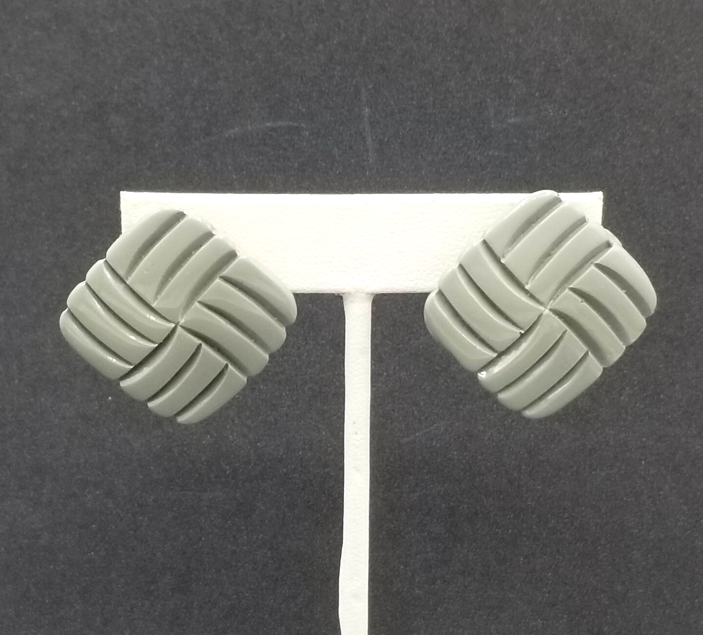 Vintage 1980's Pierced Earrings Gray Acrylic Square Geometric Drop Stud 1 1/4"