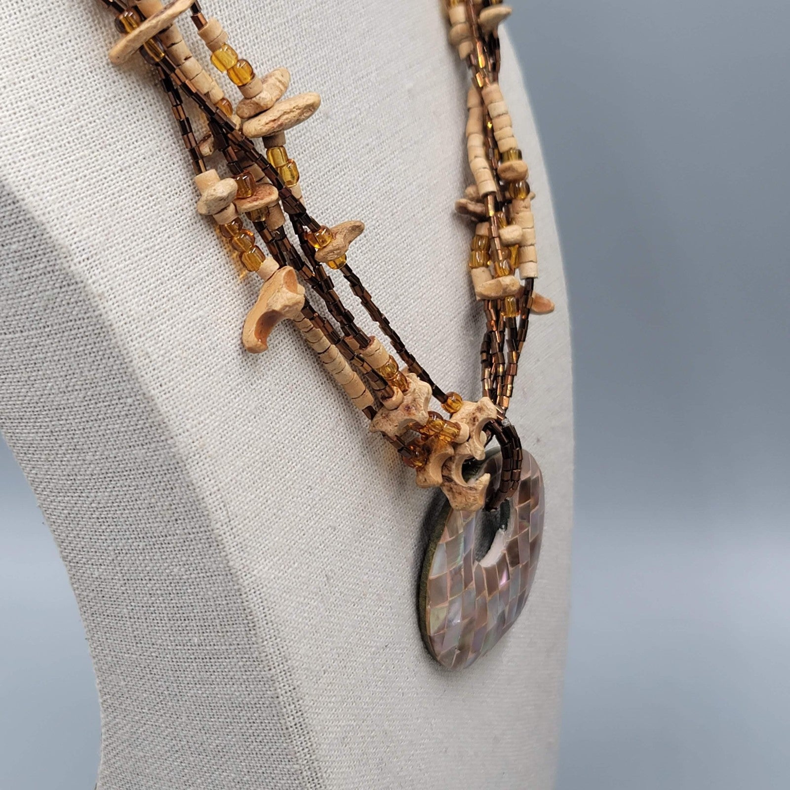 Natural Shell Pendant Multi Strand Necklace Mother of Pearl Wood Beads Boho 18"