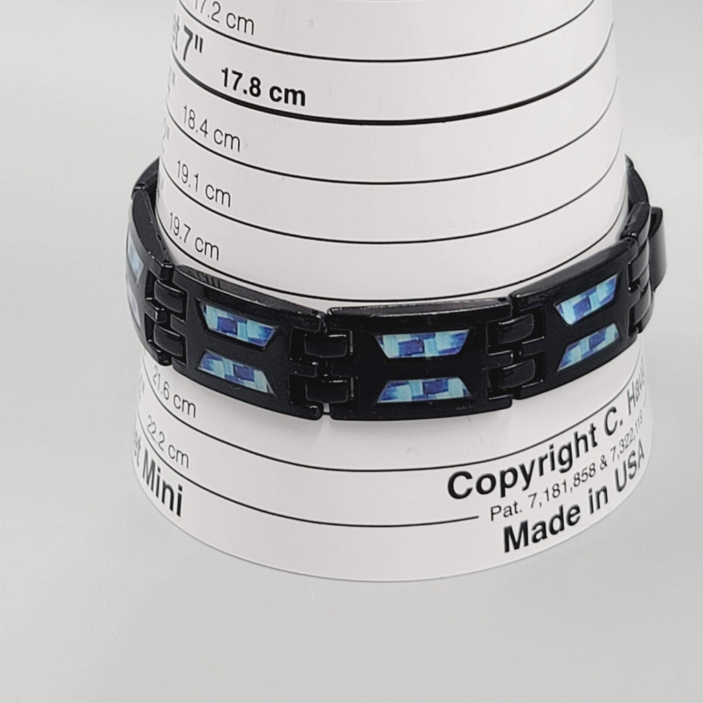 Mens Bracelet Black Metal Blue Accented Magnet on Inside 8 in