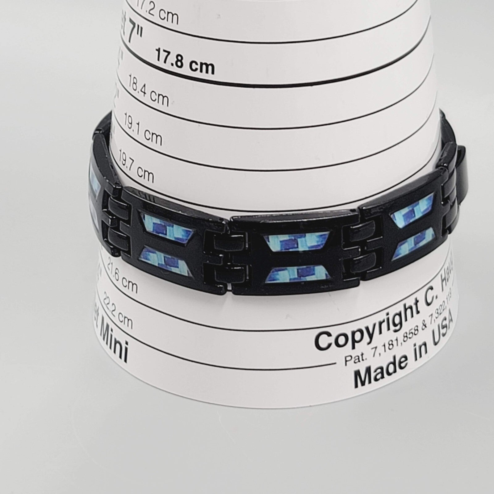 Mens Bracelet Black Metal Blue Accented Magnet on Inside 8 in