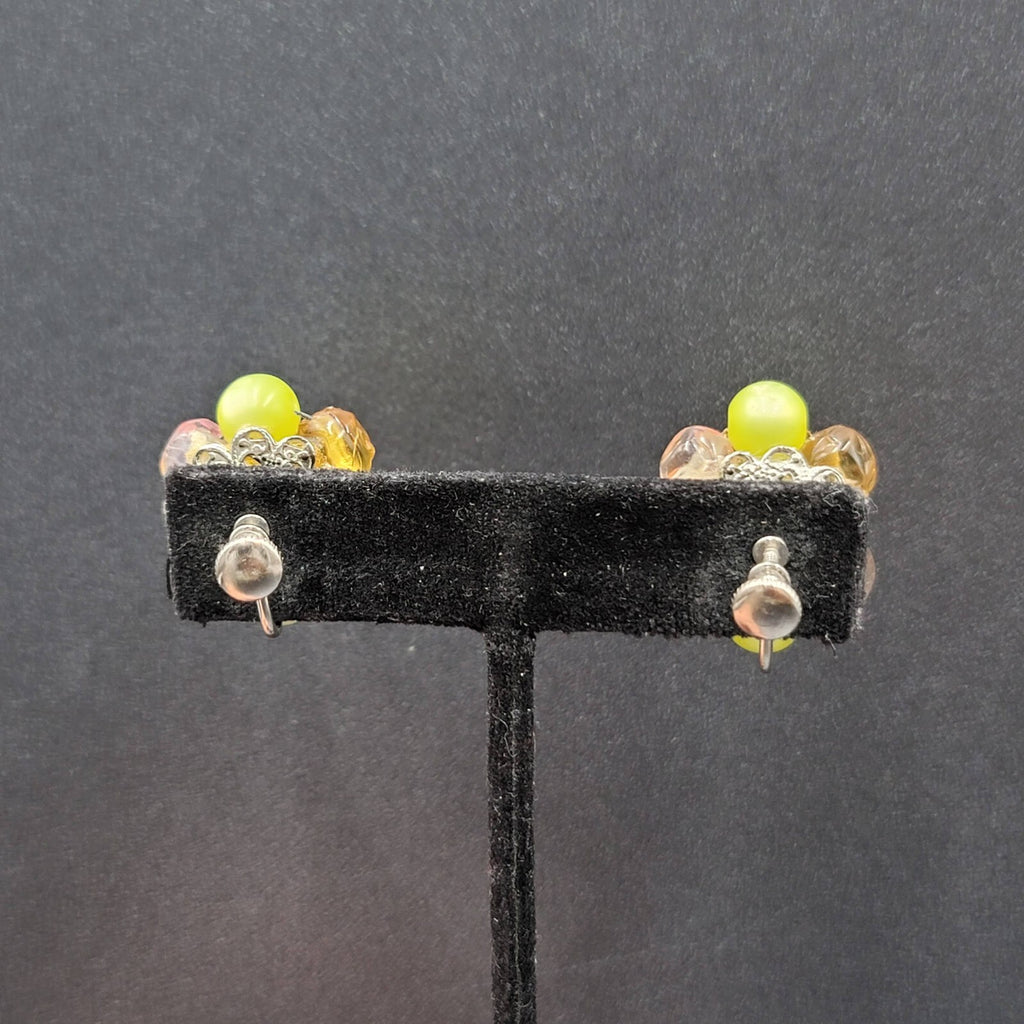 Vintage Clip on Earrings Yellow Green Pink Acrylic Cluster Bead Studs 1"