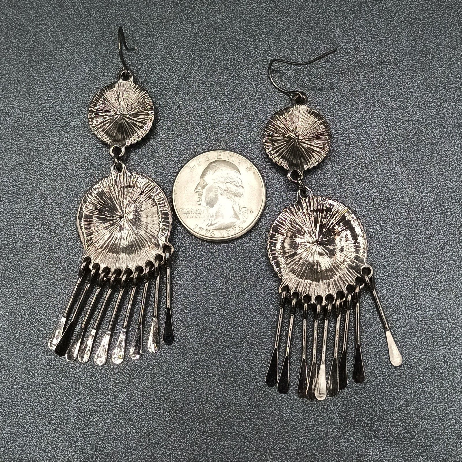 Pierced Earrings Black Metal Dangle Statement 3"