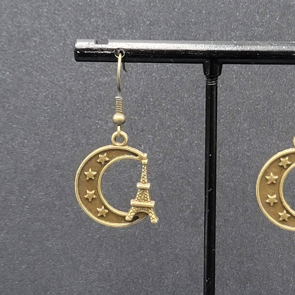 Crescent Moon Eiffel Tower Pierced Earrings Dangle Bronze tone New 7/8"