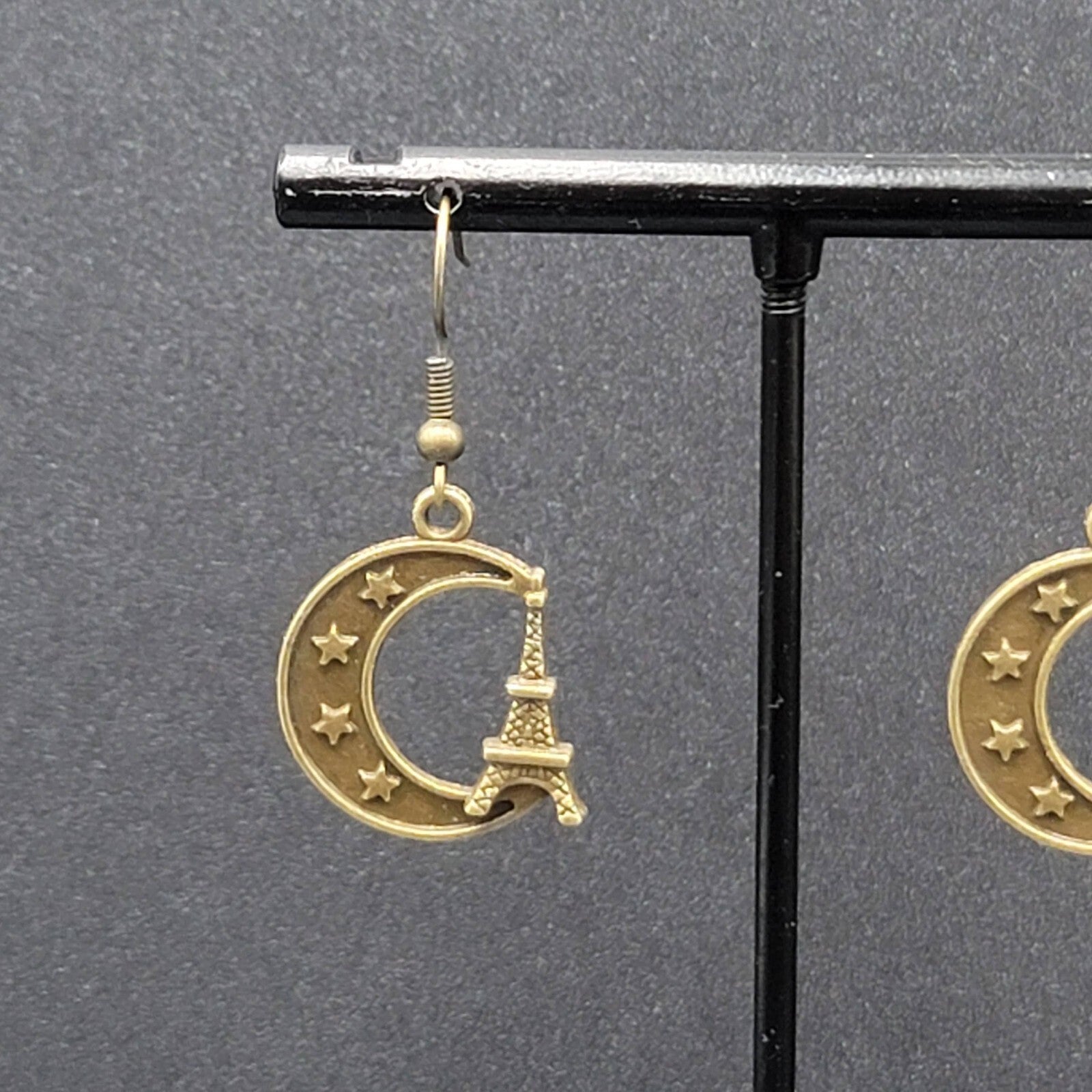 Crescent Moon Eiffel Tower Pierced Earrings Dangle Bronze tone New 7/8"