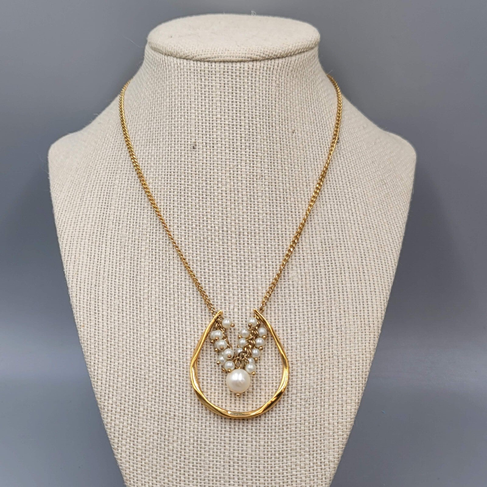 Real Pearl Pendant Cluster Open Pendant Necklace Gold tone 18"