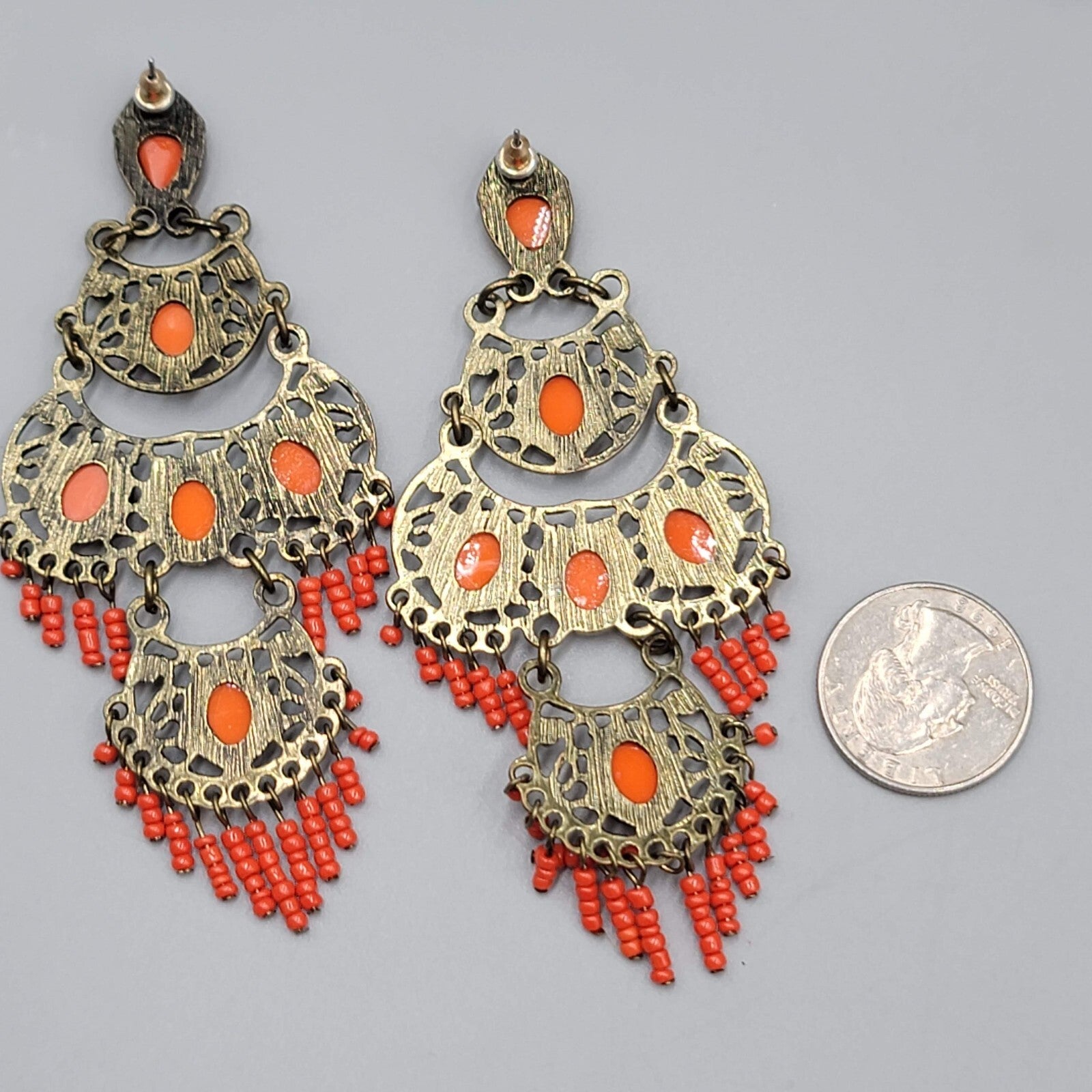 Large Chandelier Pierced Earrings Bronze tone Orange Beads 4"