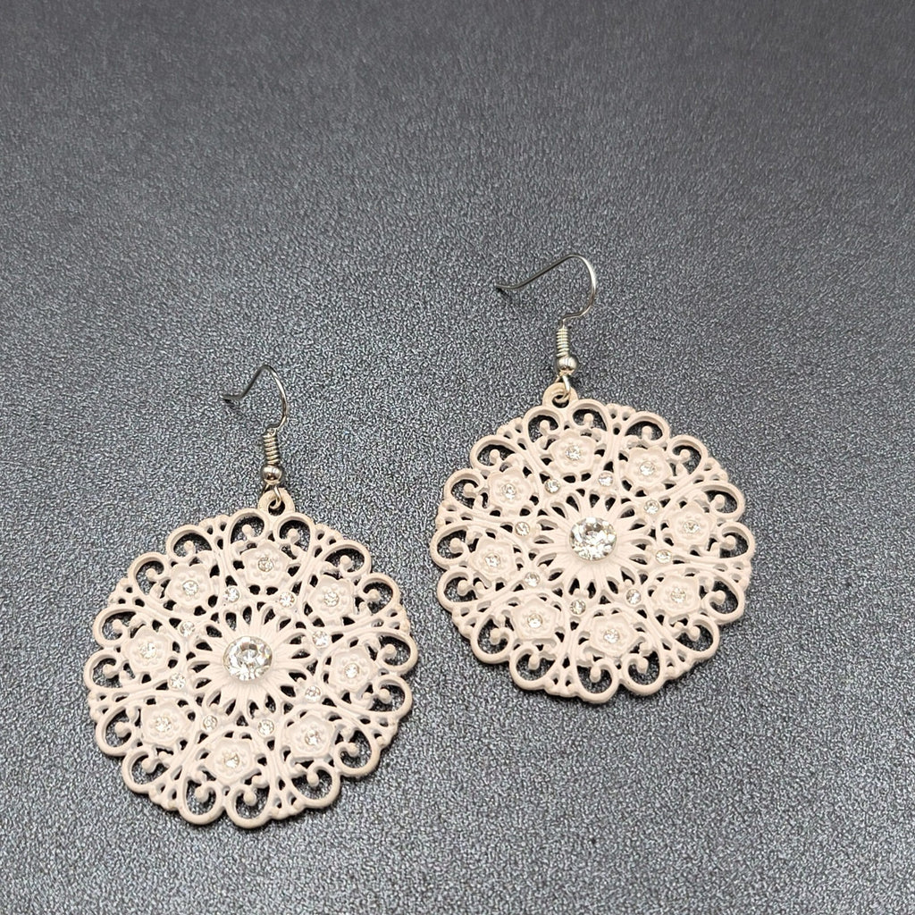 Pierced Earrings White Enamel Rhinestone Medallion Open Work 1.75"