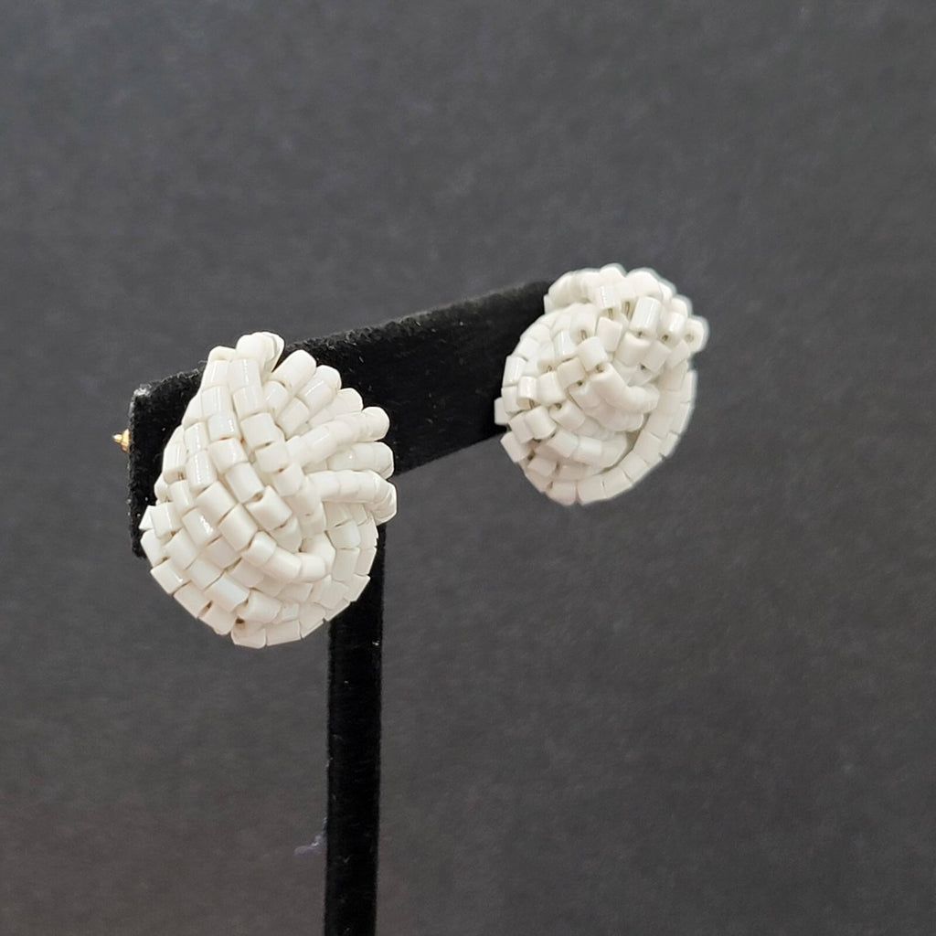 Vintage Pierced Earrings White Seed Beads Knot Estate Jewelry 1"