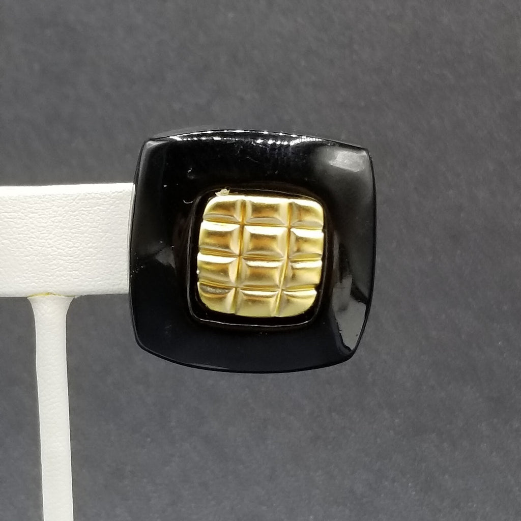 Vintage 1980's Pierced Earrings Black and Gold Acrylic Rectangle Stud 1 1/4"