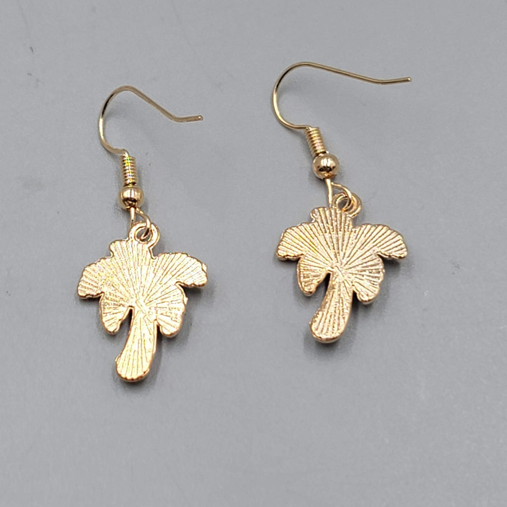Enamel Palm Tree Pierced Earrings Gold tone Dangle Brown Trunk 3/4"