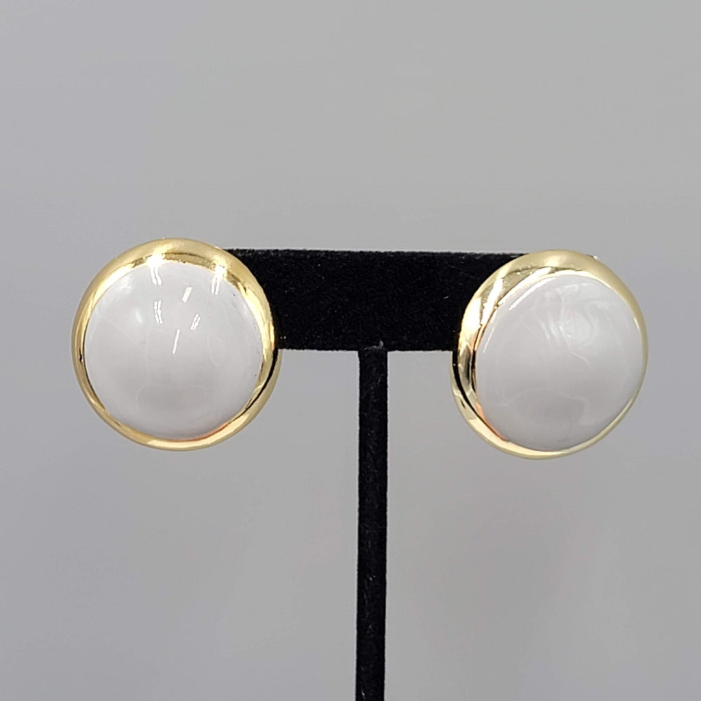 Vintage Pierced Earrings Gold tone Gray Enamel Round Statement Drop 1 1/8"