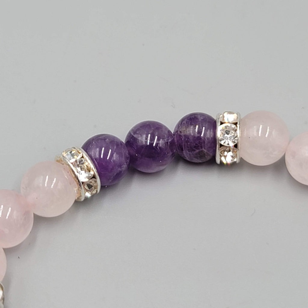 Pink Quartz and Amethyst Bead Bracelet Elastic Rhinestone Spacers Heart Charm