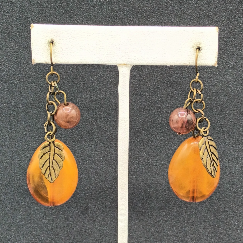 Pierced Earrings Bronze tone Acrylic Bead Natural Tones Leaf Dangle 1.75"