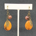 Pierced Earrings Bronze tone Acrylic Bead Natural Tones Leaf Dangle 1.75"